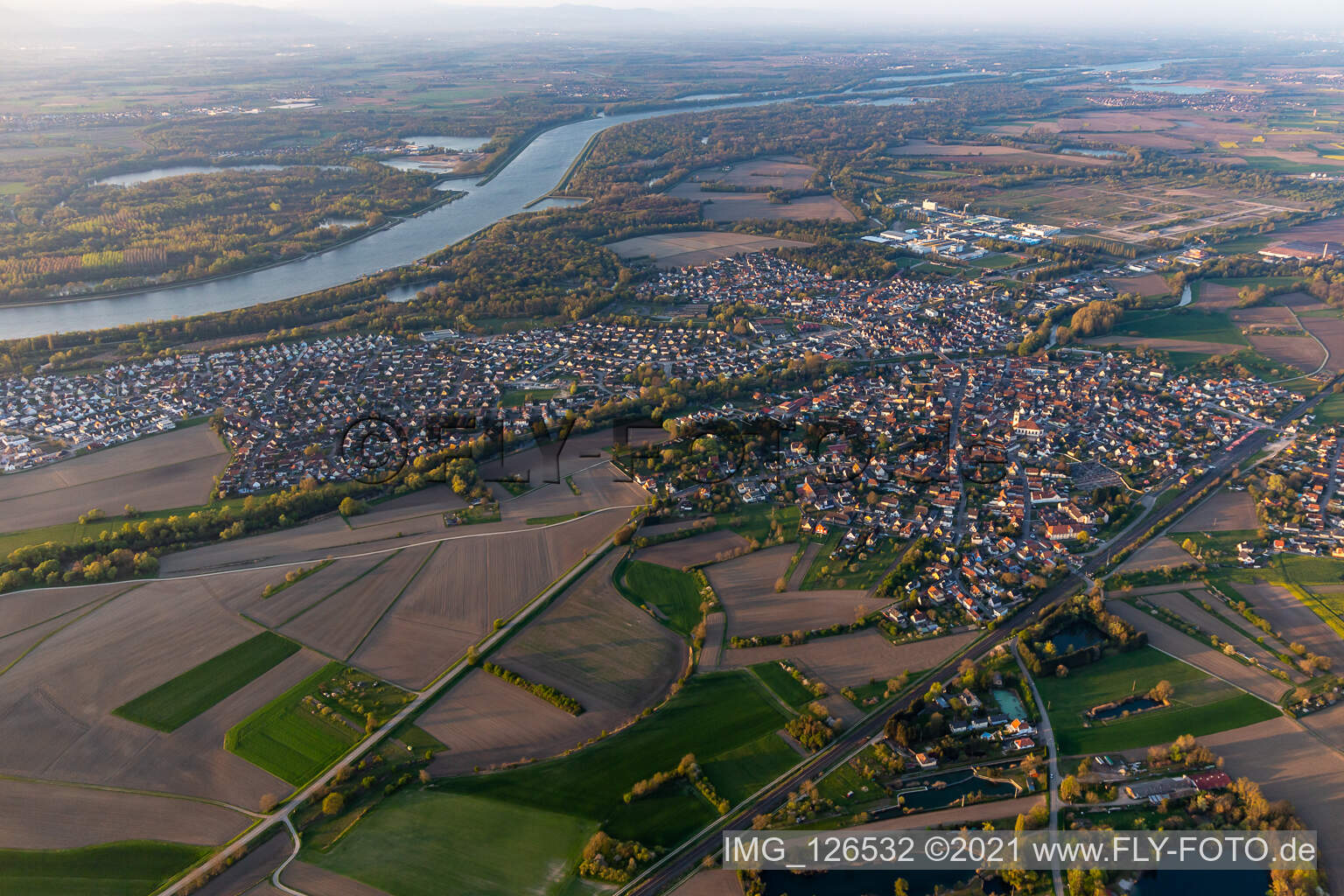 Bird's eye view of Drusenheim in the state Bas-Rhin, France
