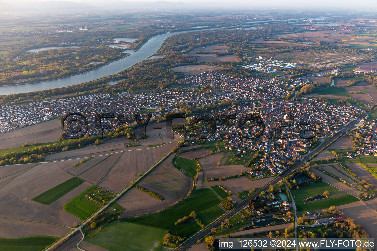 Bird's eye view of Drusenheim in the state Bas-Rhin, France