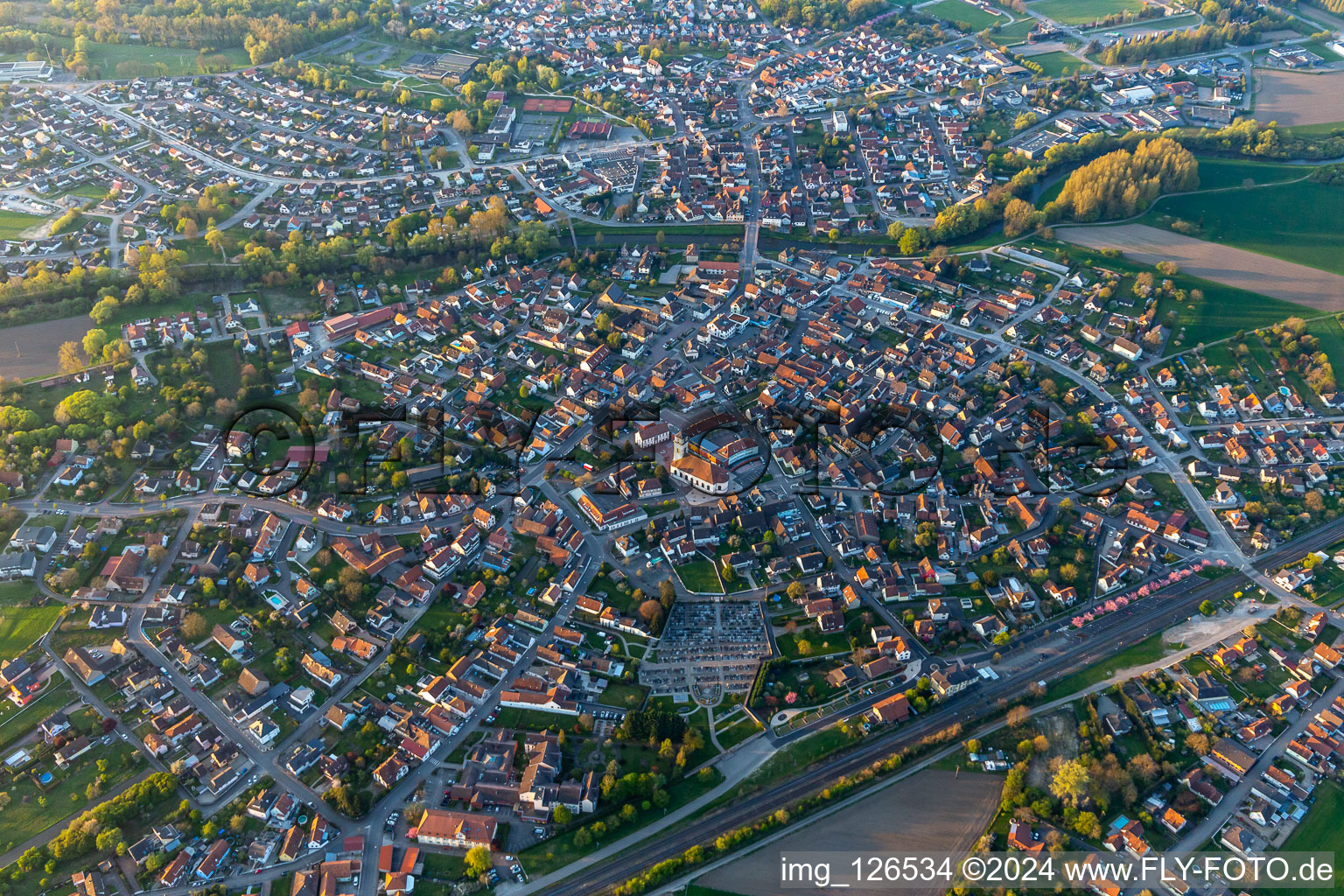 Drusenheim in the state Bas-Rhin, France viewn from the air