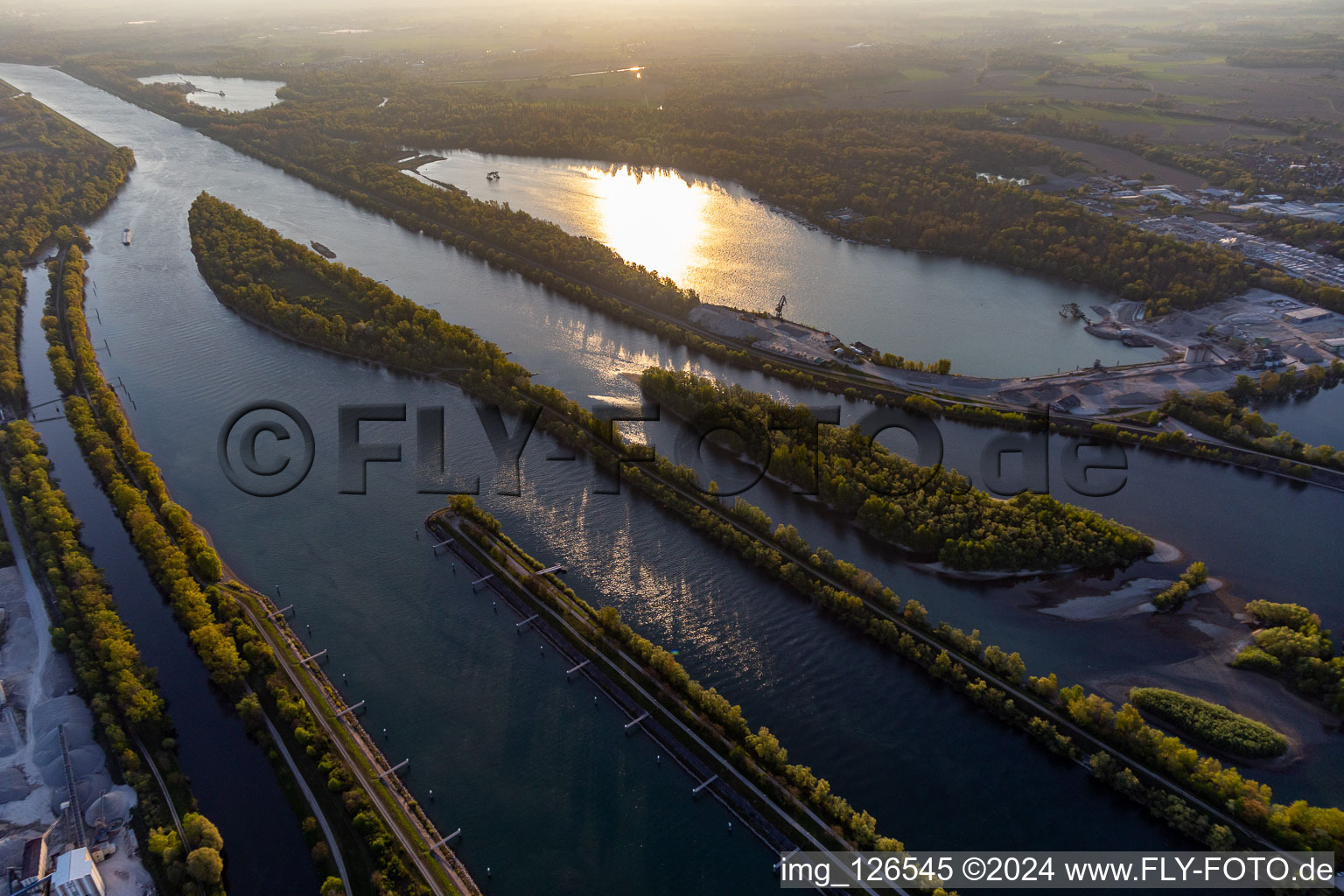 Aerial view of Central hydroelectric power station EDF de Gambsheim. Rhine lock Freistett in the district Freistett in Rheinau in the state Baden-Wuerttemberg, Germany