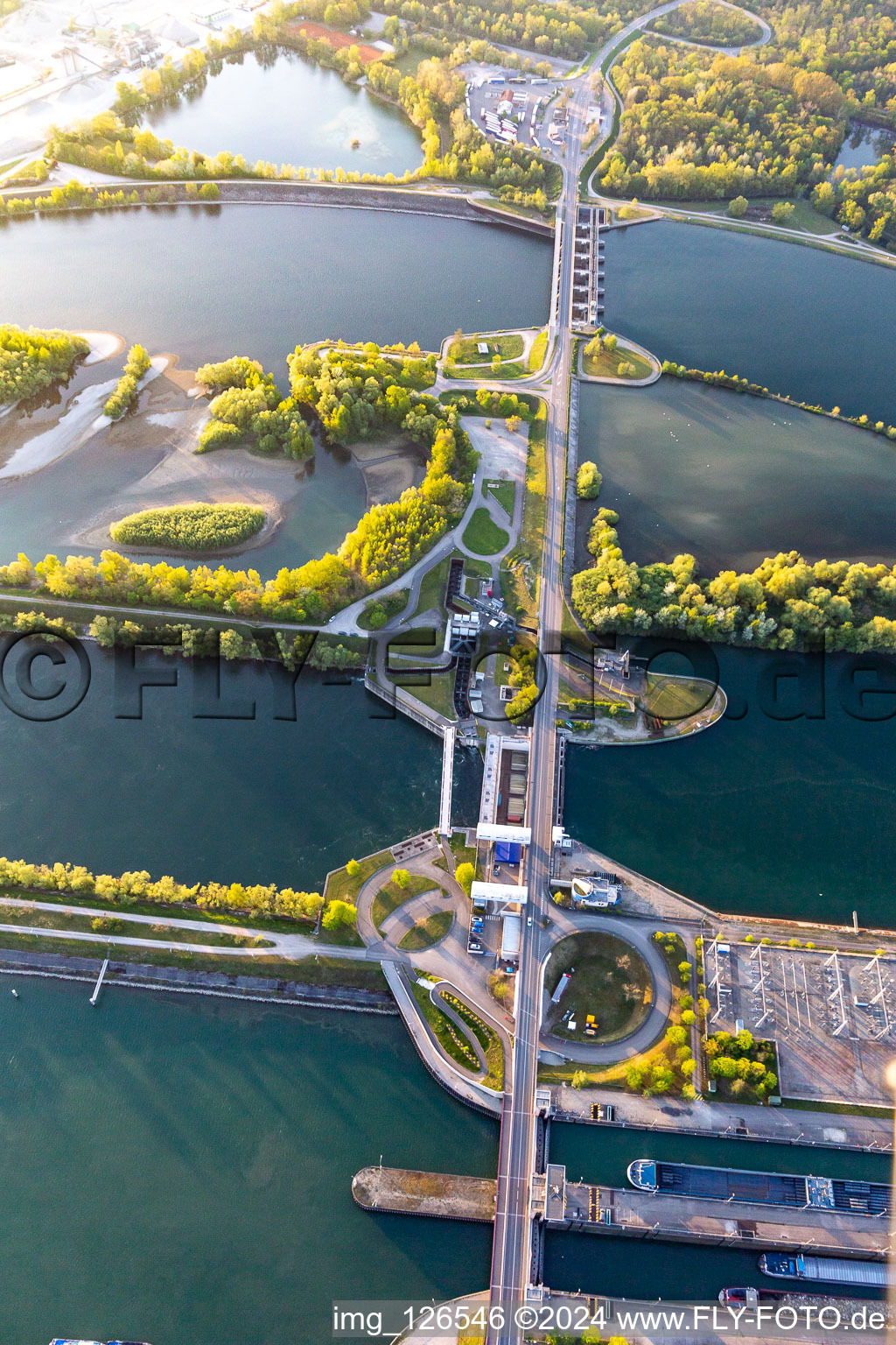 Aerial view of Locks - plants and fish staircase on the banks of the waterway of the Rhein between Gambsheim and Freistett in the district Freistett in Rheinau in the state Baden-Wurttemberg, Germany