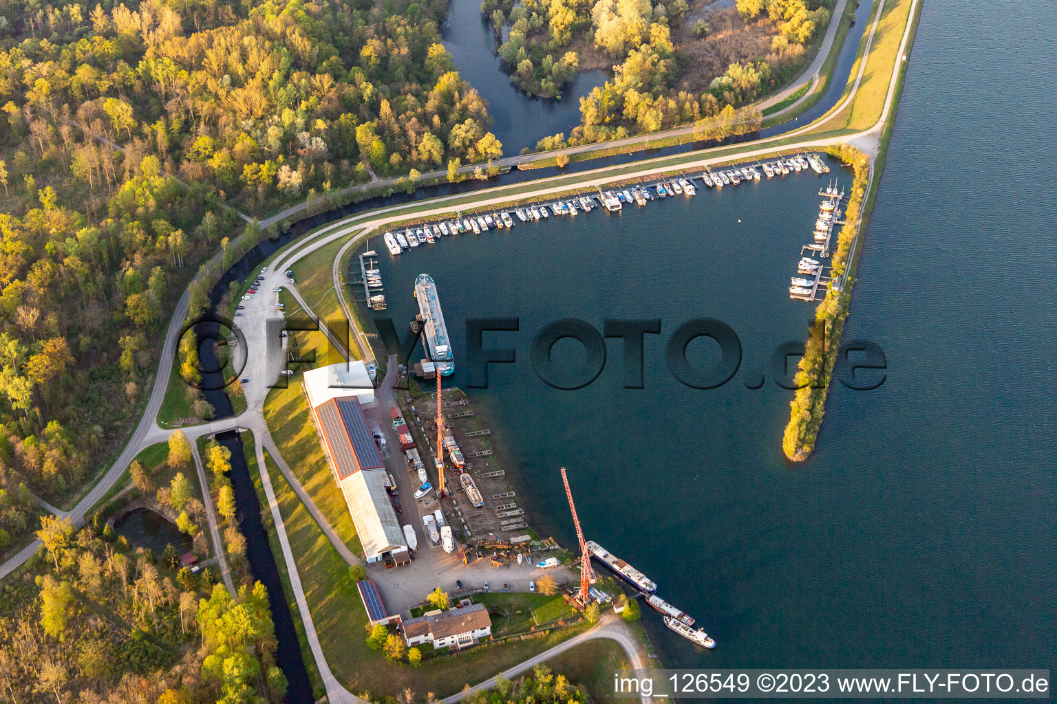 Aerial view of Karcher shipyard and Honau sailing club in the district Freistett in Rheinau in the state Baden-Wuerttemberg, Germany