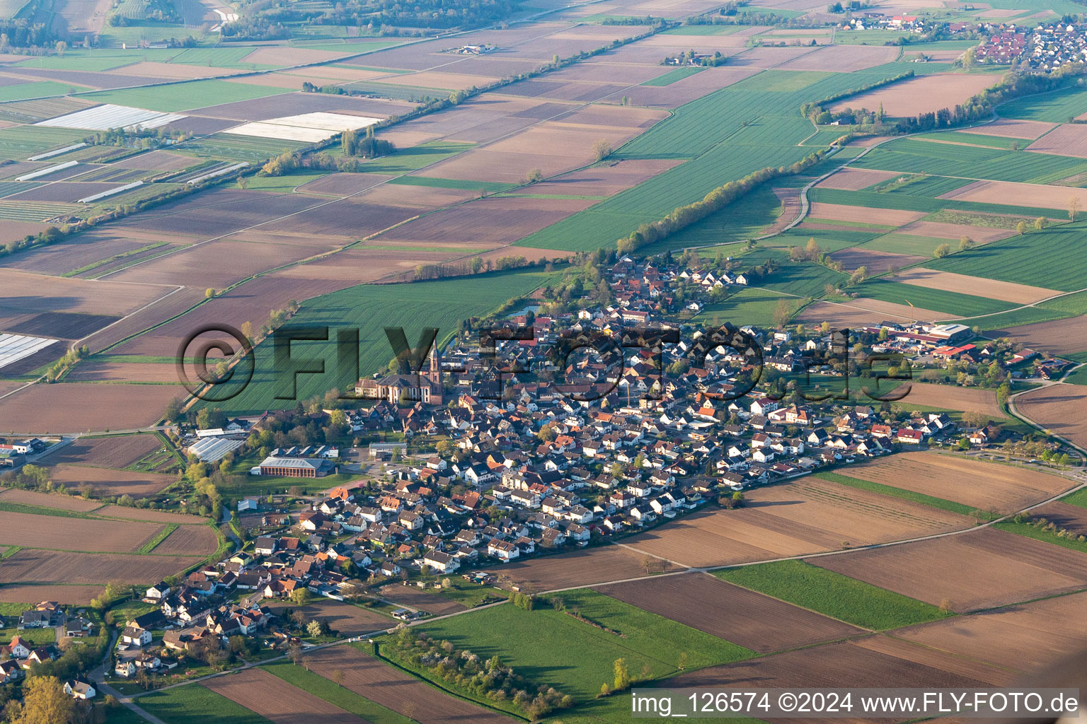 Agricultural land and field boundaries surround the settlement area of the village in Schuttern in the state Baden-Wuerttemberg, Germany