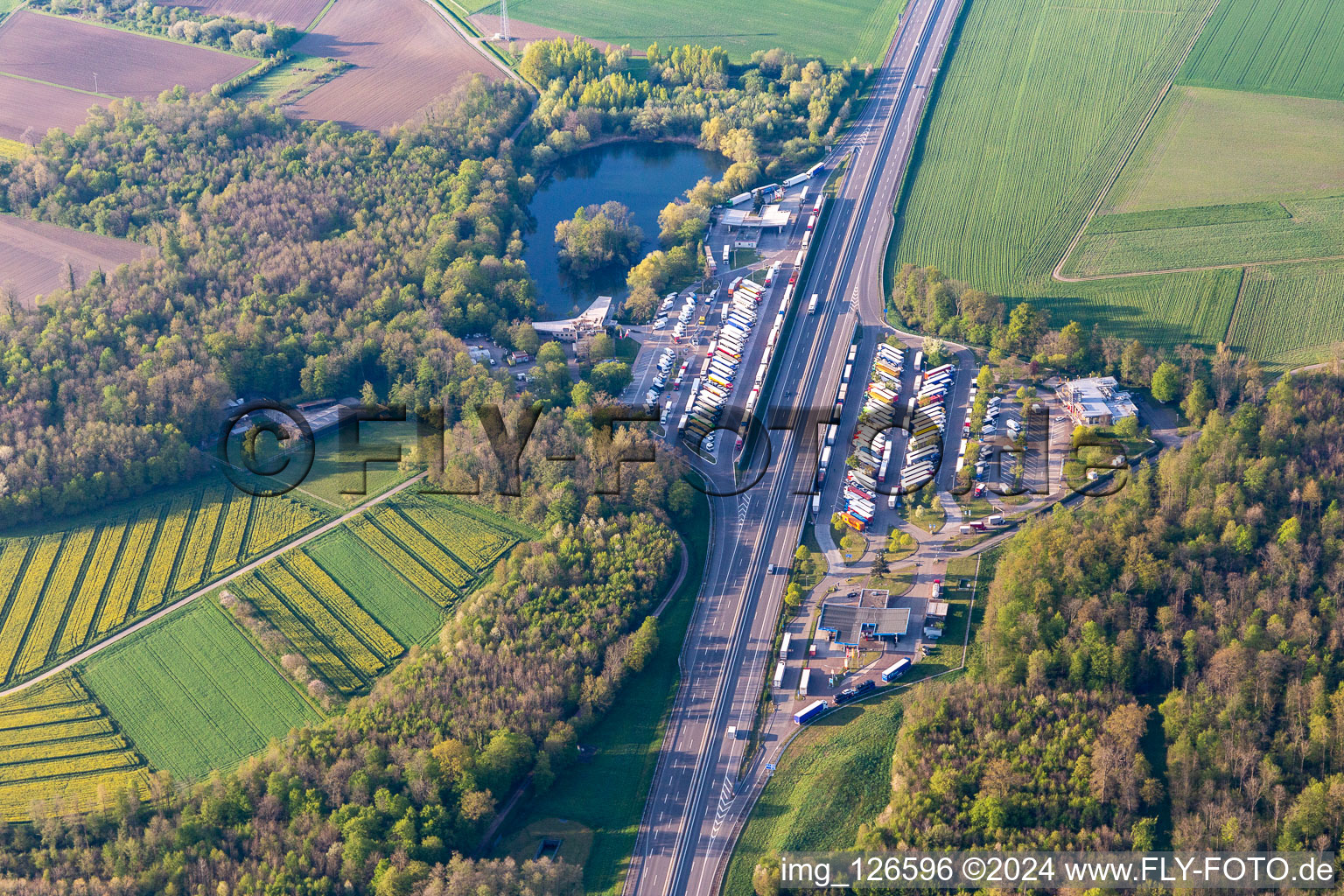 Motorway service station Mahlberg and parking lot of the BAB A5 in Mahlberg in the state Baden-Wuerttemberg, Germany