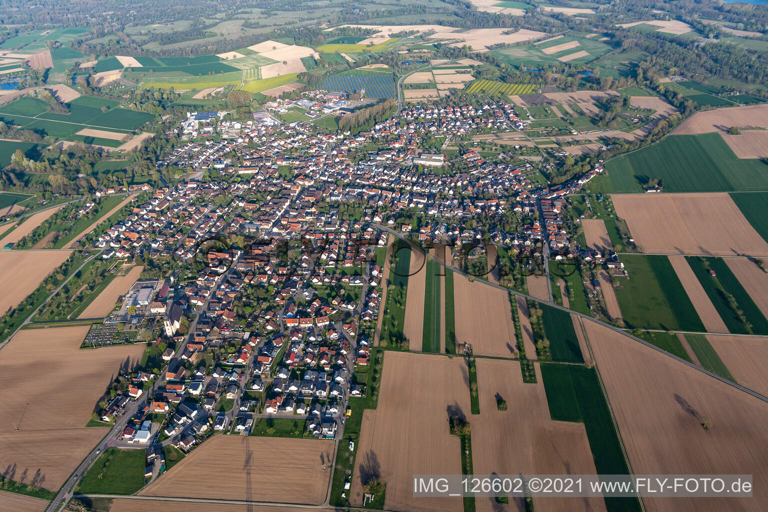 Aerial view of Town View of the streets and houses of the residential areas in Kappel in the state Baden-Wuerttemberg, Germany