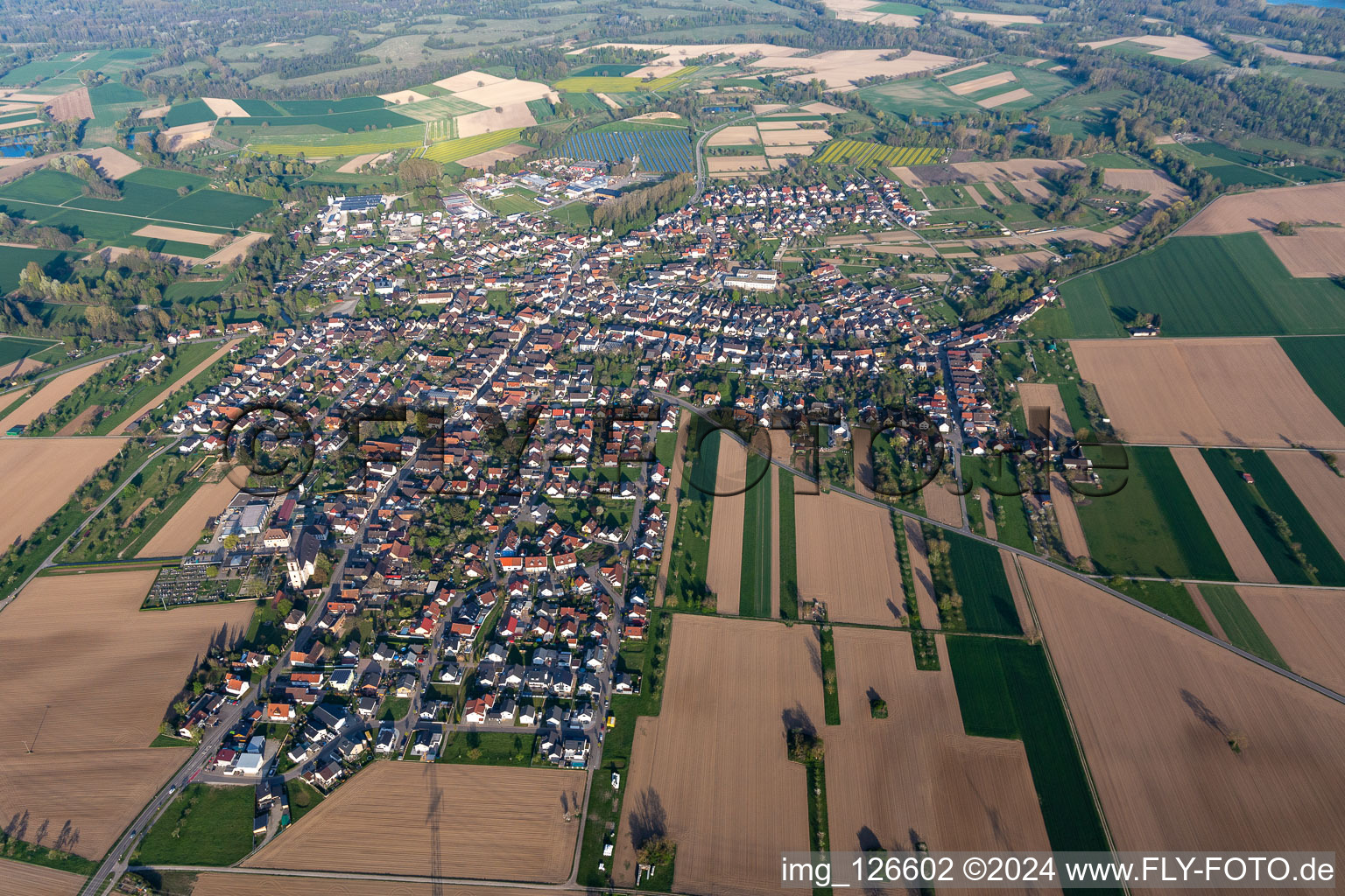 Aerial view of Town View of the streets and houses of the residential areas in Kappel in the state Baden-Wuerttemberg, Germany