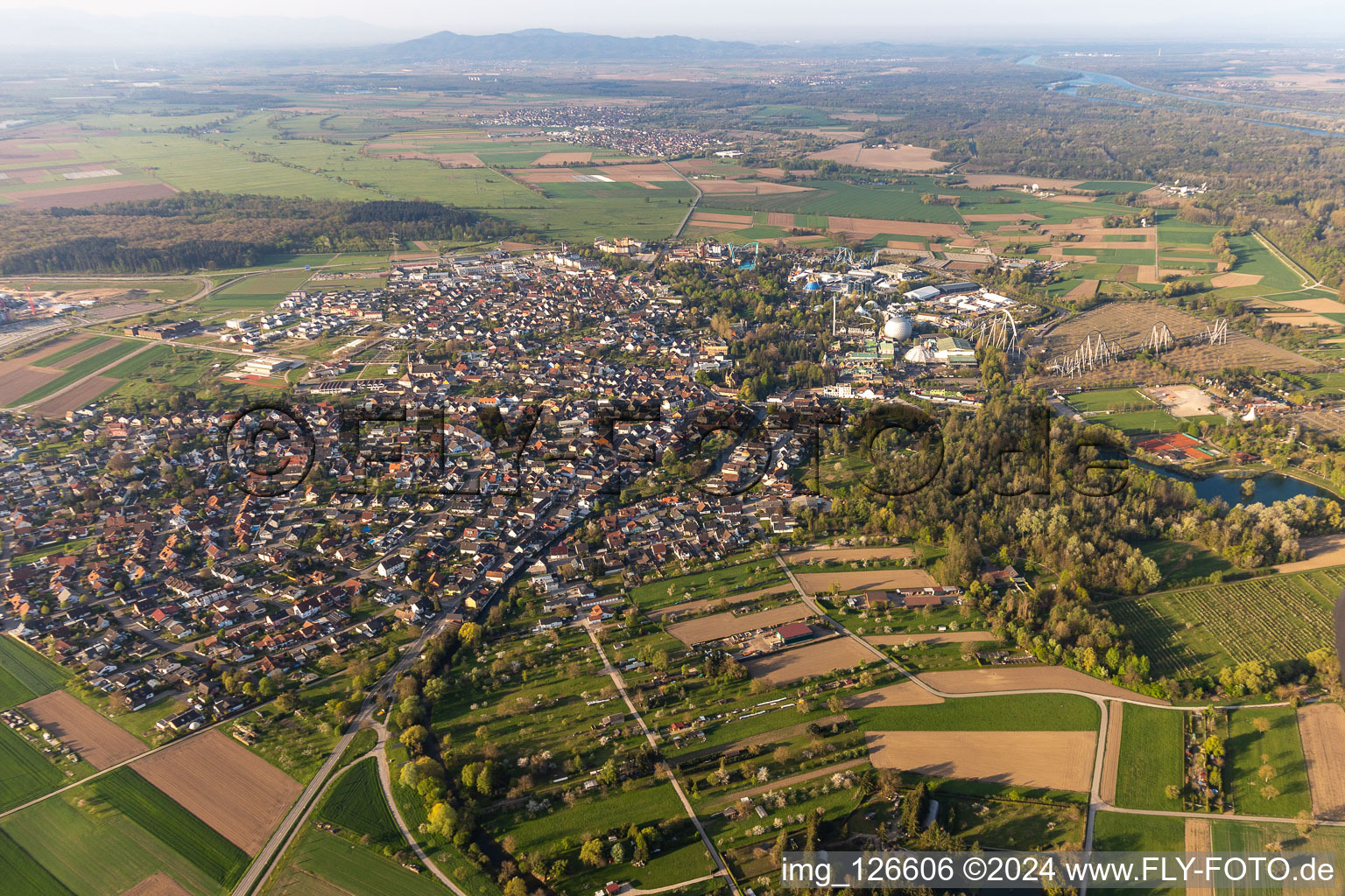 Aerial view of City area with outside districts and inner city area in Rust in the state Baden-Wuerttemberg, Germany