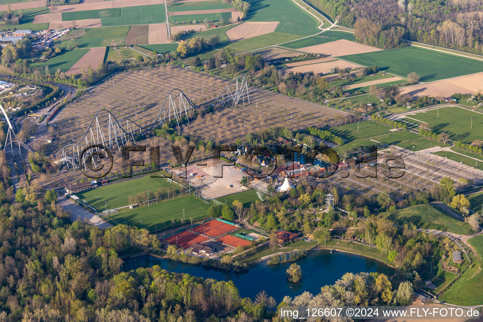 Aerial view of Empty parking of the closed Leisure-Park Europa Park in Rust in the state Baden-Wuerttemberg, Germany