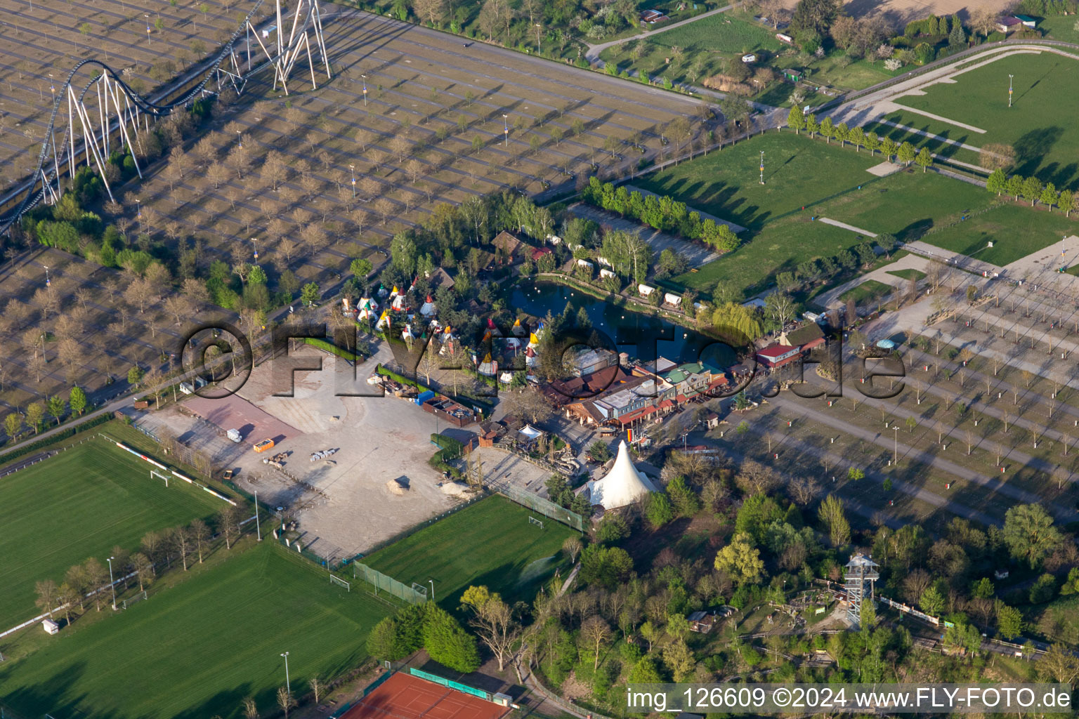 Aerial photograpy of Empty parking of the closed Leisure-Park Europa Park in Rust in the state Baden-Wuerttemberg, Germany