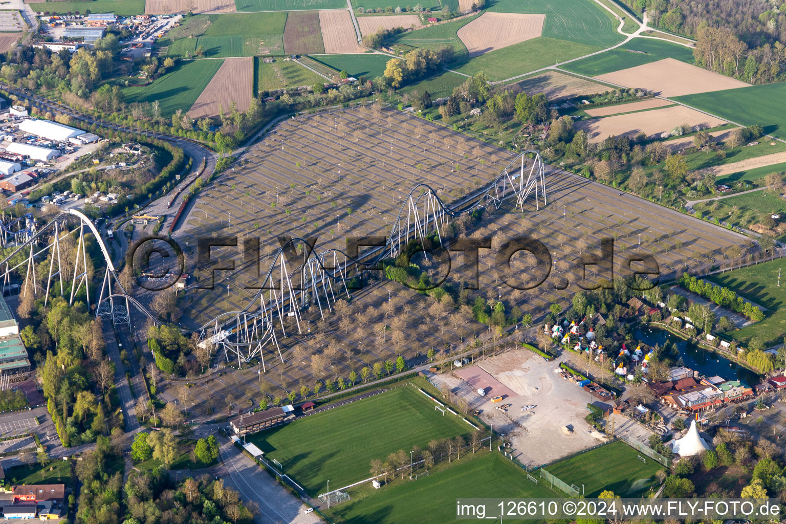 Oblique view of Empty parking of the closed Leisure-Park Europa Park in Rust in the state Baden-Wuerttemberg, Germany