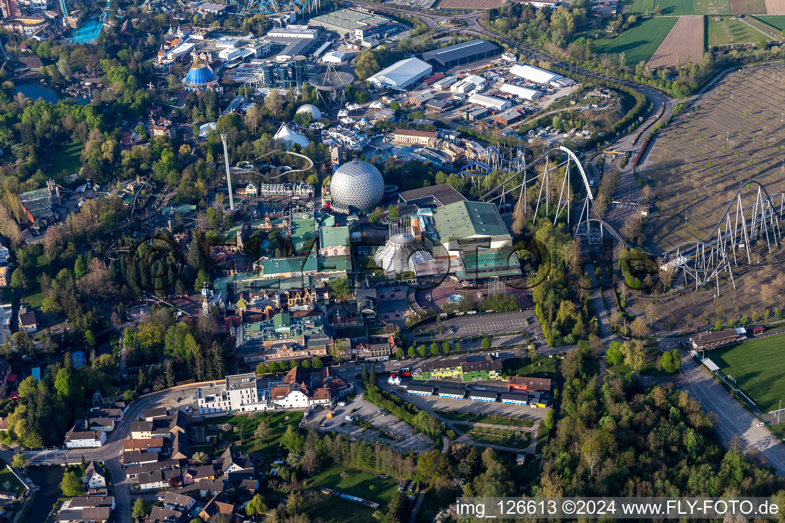 Aerial view of Eurosat CanCan Coaster in the locked down Leisure-Park Europa Park in Rust in the state Baden-Wuerttemberg, Germany