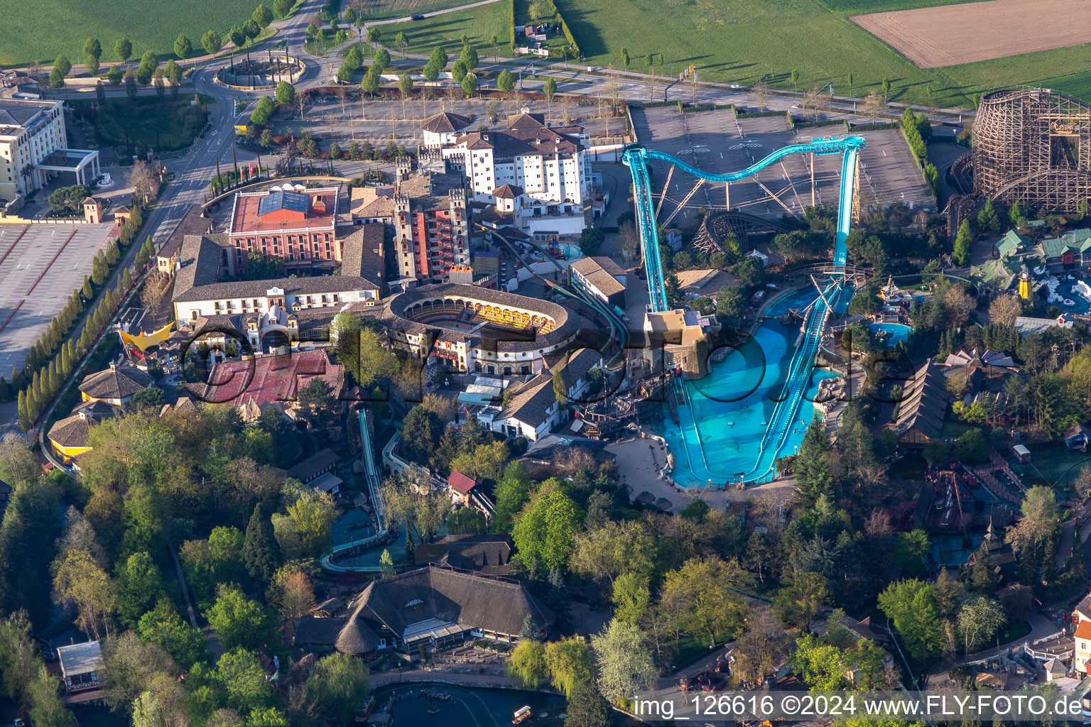 Atlantica Super Splash roller coaster at the Spanish Arena in the locked down Leisure-Park Europa Park in Rust in the state Baden-Wuerttemberg, Germany