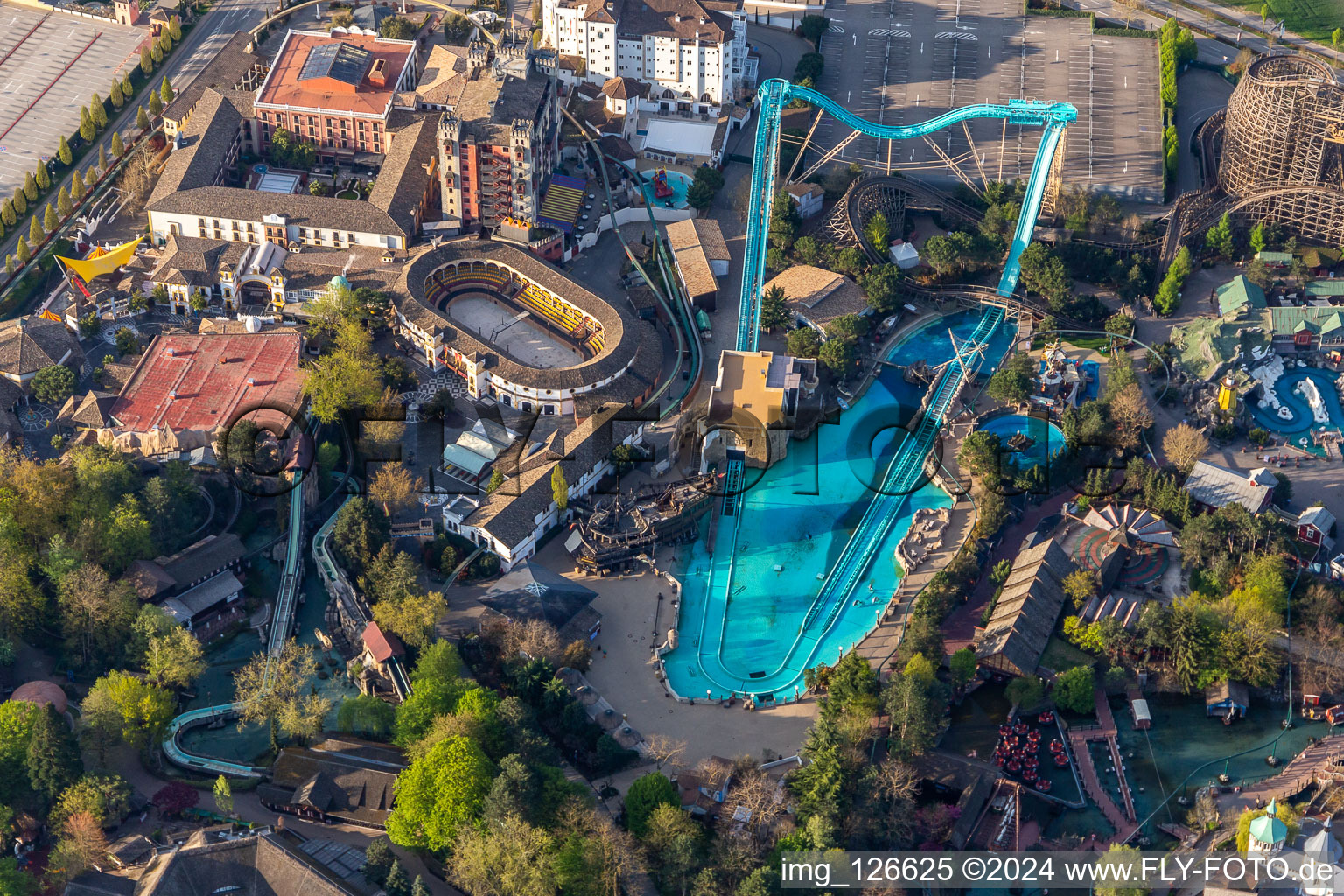 Aerial view of Atlantica Super Splash roller coaster at the Spanish Arena in the locked down Leisure-Park Europa Park in Rust in the state Baden-Wuerttemberg, Germany