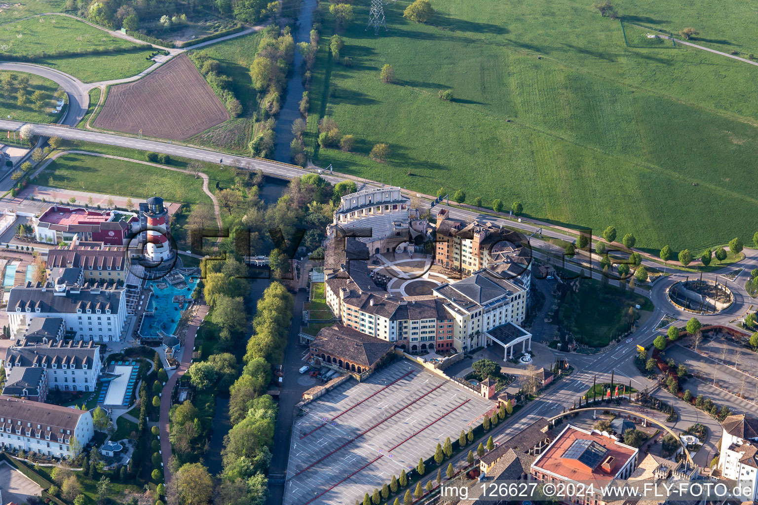 Aerial view of 4 Start Adventure hotel "Colosseo" at the locked down Leisure-Park Europa Park in Rust in the state Baden-Wuerttemberg, Germany