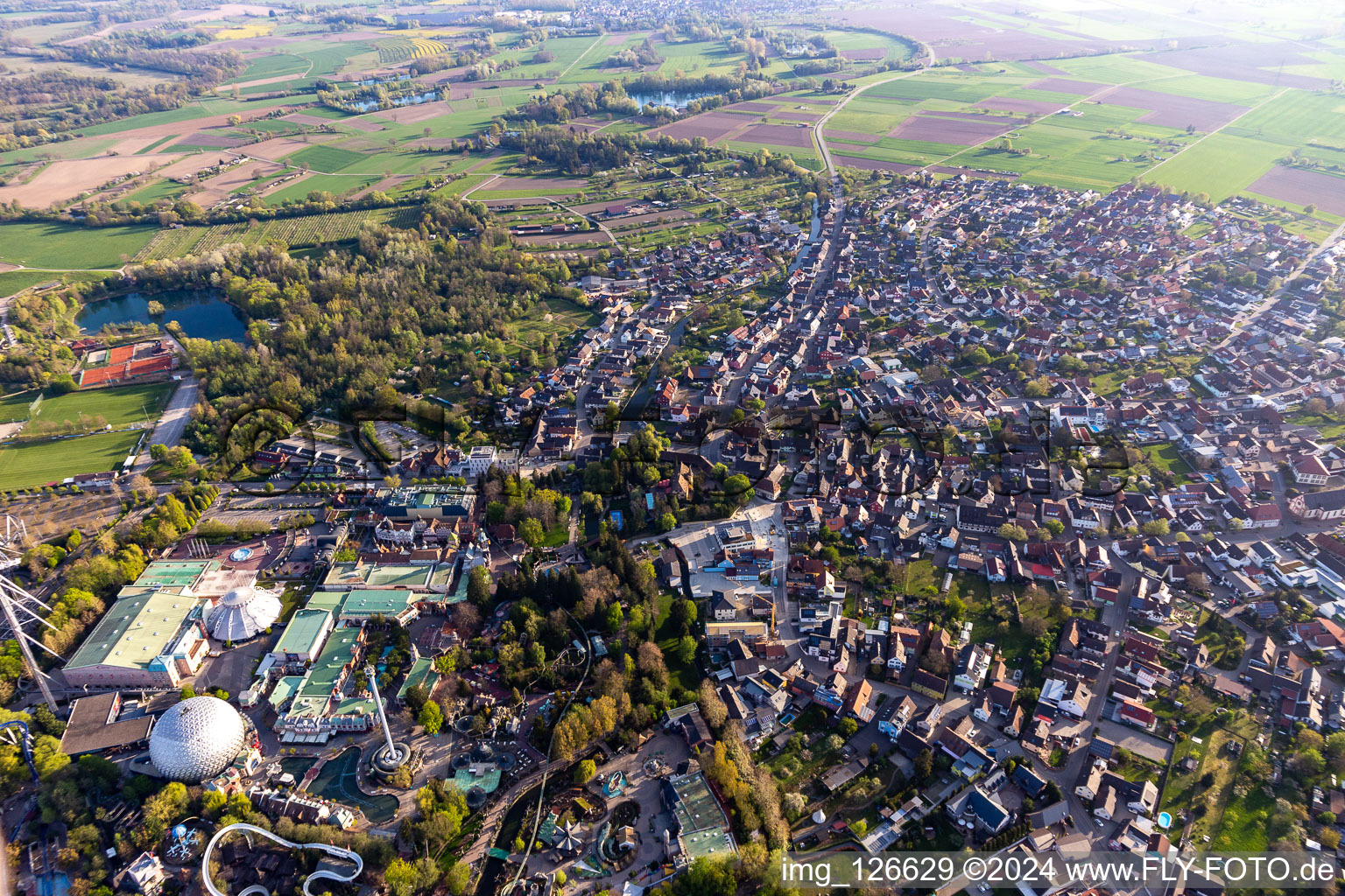 Aerial photograpy of City area with outside districts and inner city area in Rust in the state Baden-Wuerttemberg, Germany