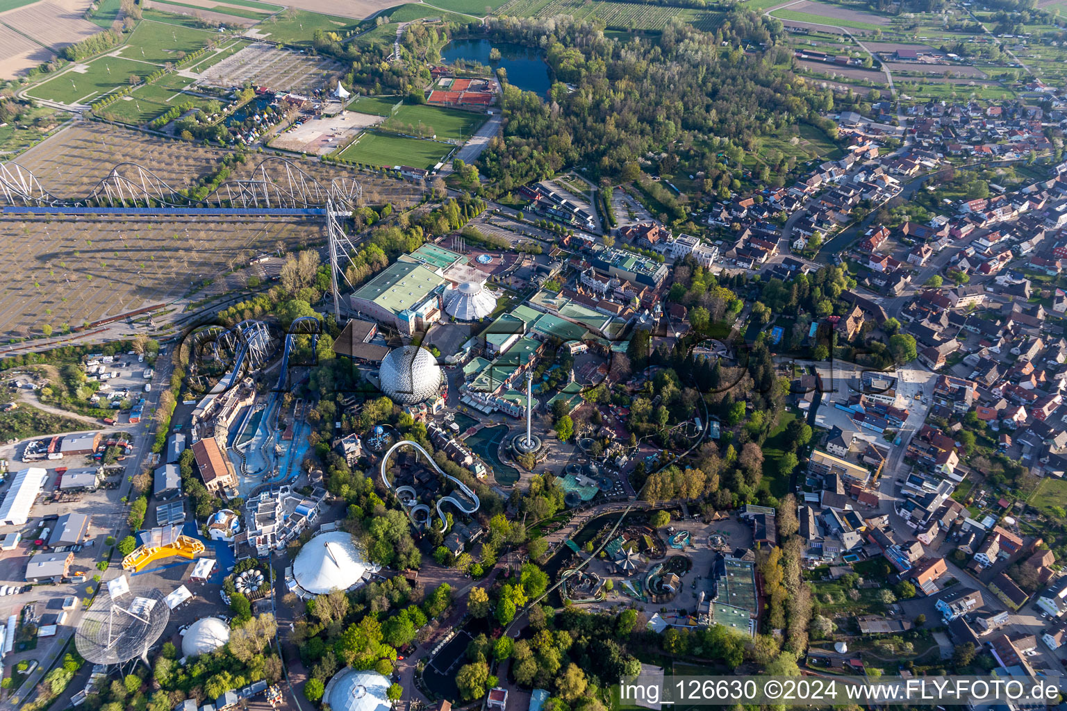 Aerial photograpy of Eurosat CanCan Coaster in the locked down Leisure-Park Europa Park in Rust in the state Baden-Wuerttemberg, Germany