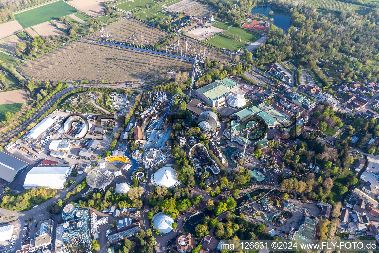 Oblique view of Eurosat CanCan Coaster in the locked down Leisure-Park Europa Park in Rust in the state Baden-Wuerttemberg, Germany