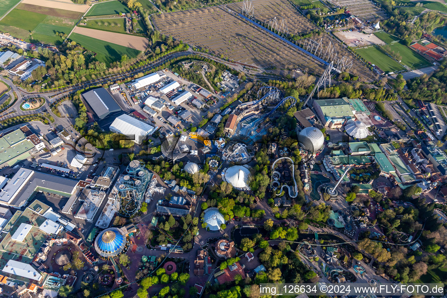 Eurosat CanCan Coaster in the locked down Leisure-Park Europa Park in Rust in the state Baden-Wuerttemberg, Germany from above