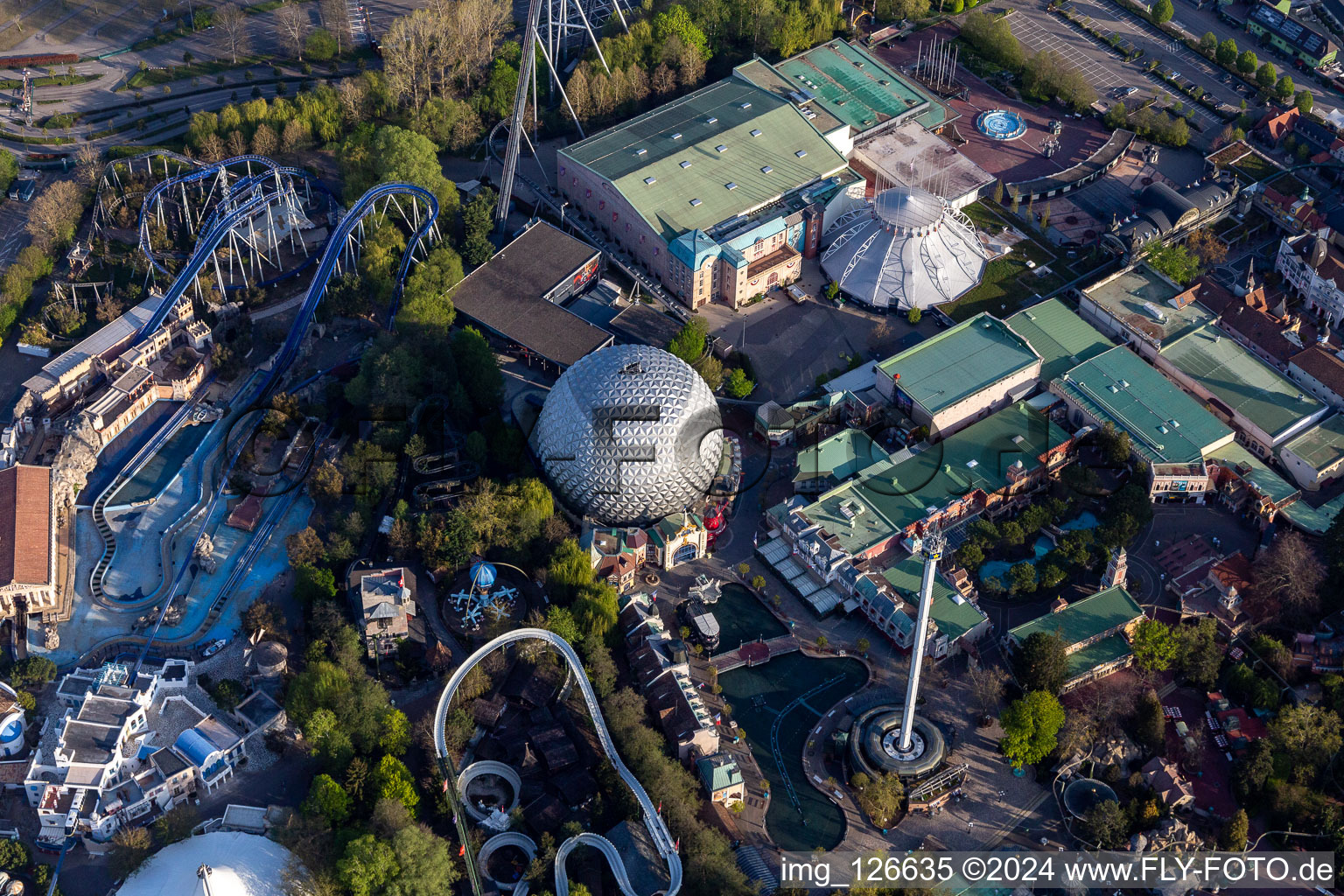 Eurosat CanCan Coaster in the locked down Leisure-Park Europa Park in Rust in the state Baden-Wuerttemberg, Germany out of the air