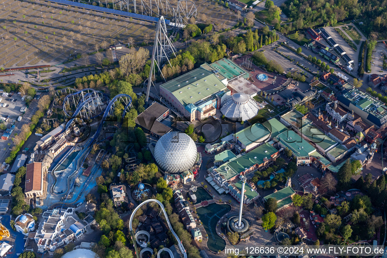 Eurosat CanCan Coaster in the locked down Leisure-Park Europa Park in Rust in the state Baden-Wuerttemberg, Germany seen from above