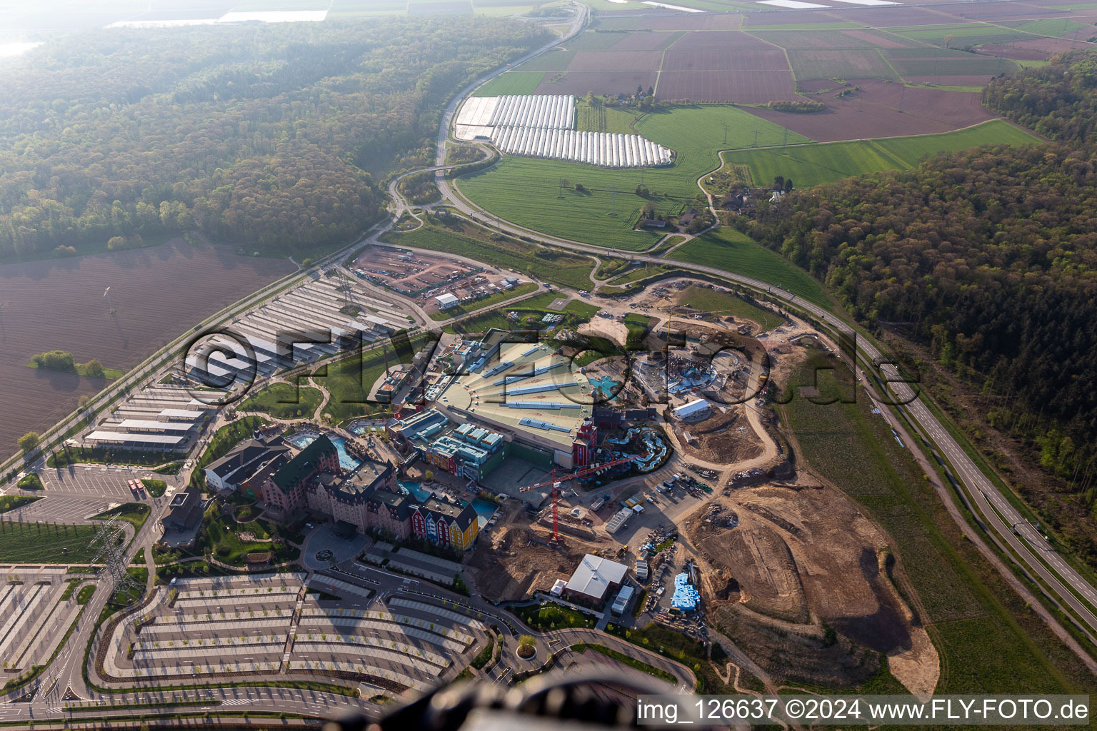 Extension construction site for the Water park "Rulantica" and museum hotel Kronasar on the grounds of the locked down amusement park "Europapark" in Rust in the state of Baden-Wuerttemberg, Germany