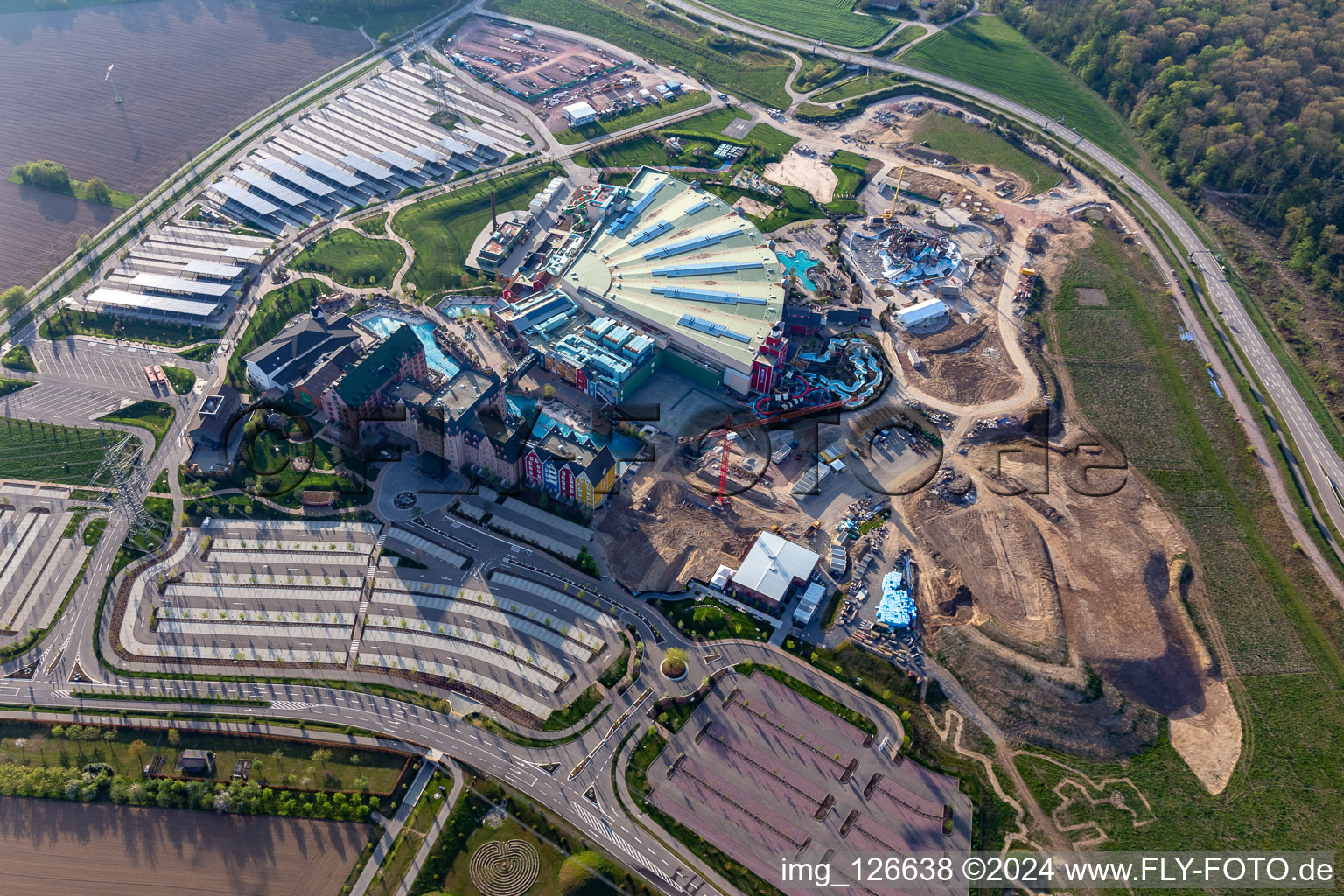 Aerial view of Extension construction site for the Water park "Rulantica" and museum hotel Kronasar on the grounds of the locked down amusement park "Europapark" in Rust in the state of Baden-Wuerttemberg, Germany