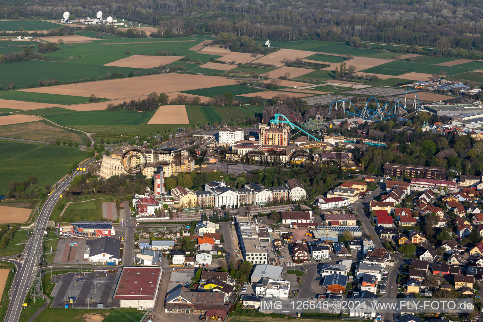 Aerial view of 4 Start Adventure hotel "Bell Rock" at the locked down Leisure-Park Europa Park in Rust in the state Baden-Wuerttemberg, Germany