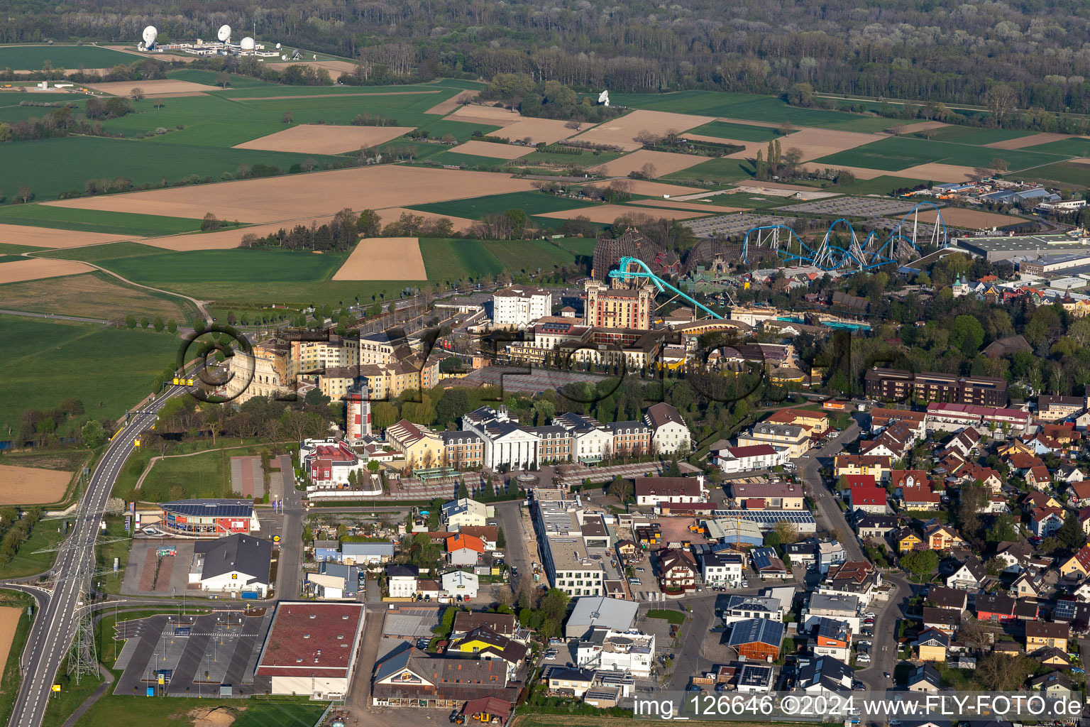 Aerial view of 4 Start Adventure hotel "Bell Rock" at the locked down Leisure-Park Europa Park in Rust in the state Baden-Wuerttemberg, Germany