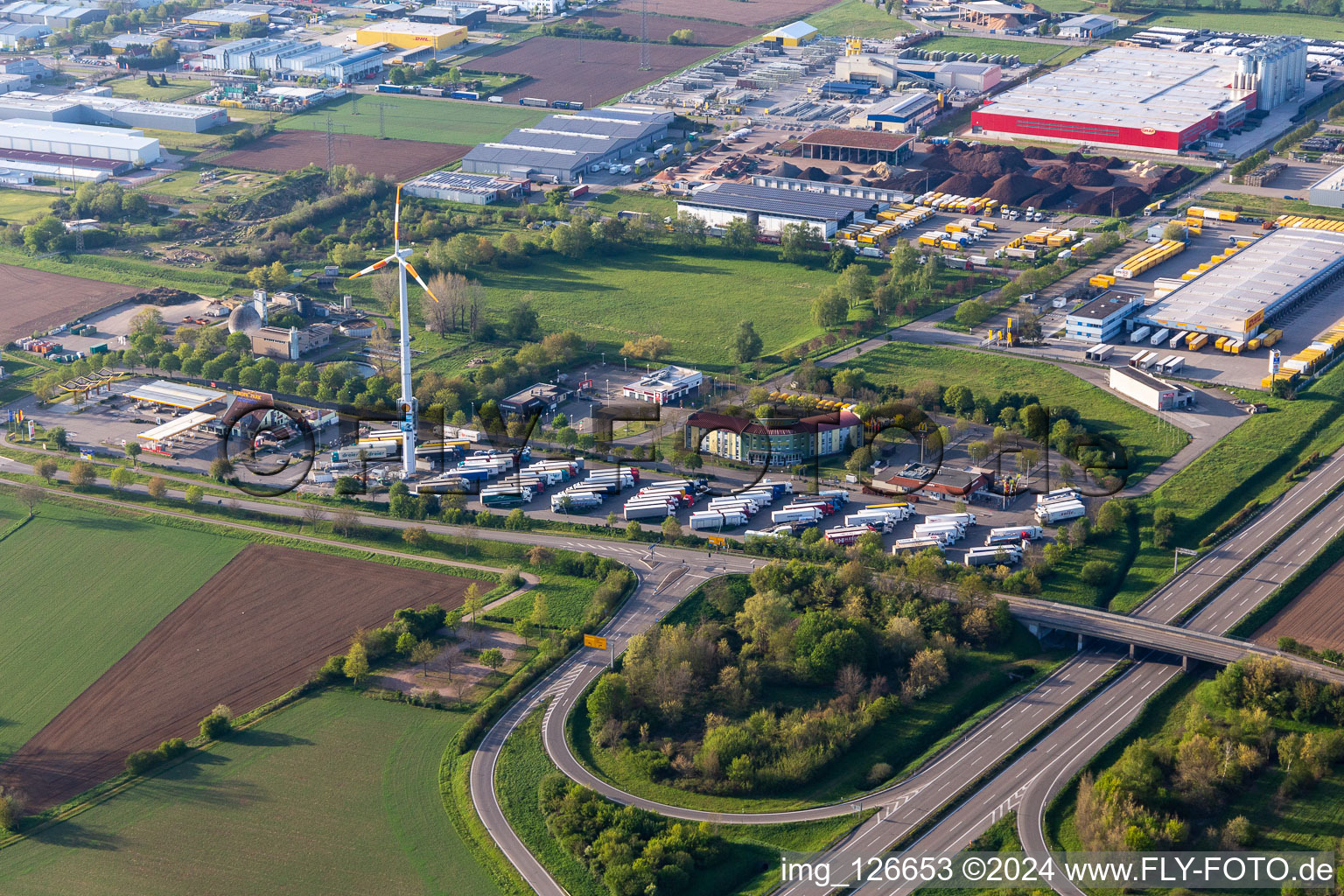 Lorries - parking spaces at the highway rest stop and parkingAutohof Europa Park of the BAB A 5 in Herbolzheim in the state Baden-Wuerttemberg, Germany