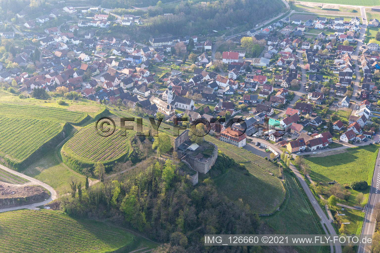 Aerial view of Lichteneck Castle in Hecklingen in the state Baden-Wuerttemberg, Germany