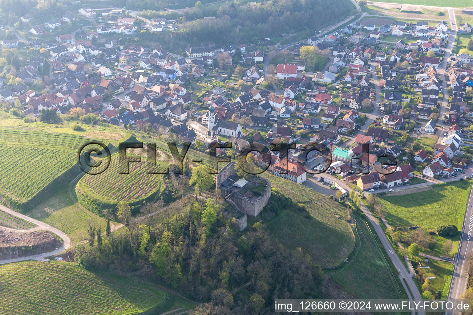 Aerial view of Lichteneck Castle in the district Hecklingen in Kenzingen in the state Baden-Wuerttemberg, Germany