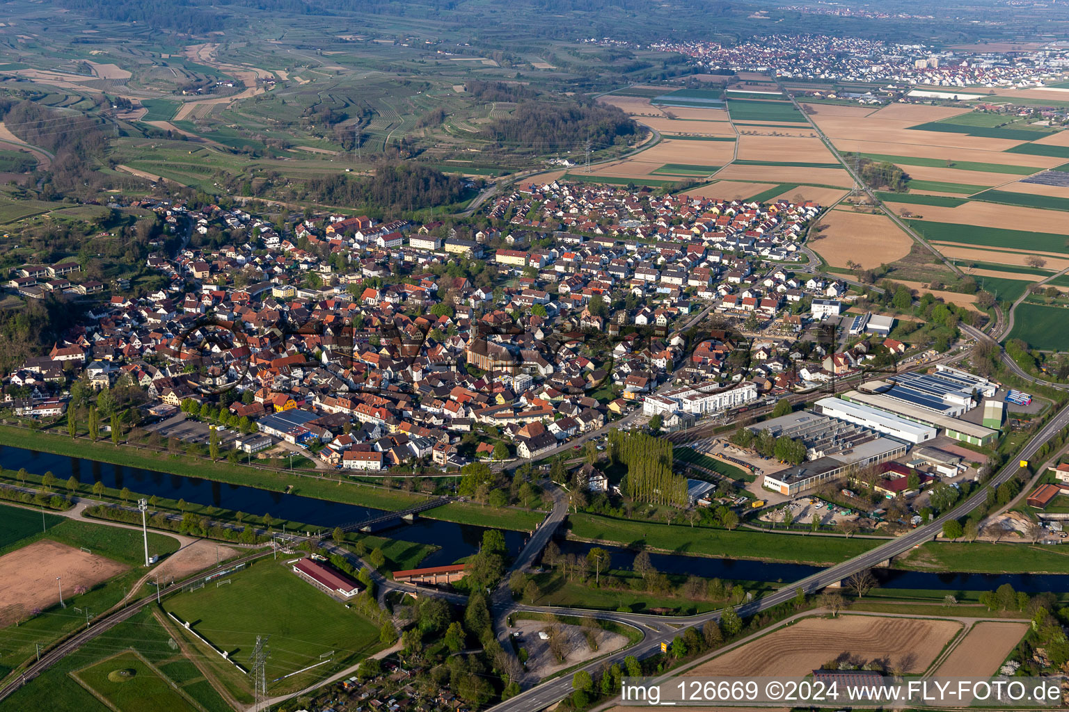 Aerial view of Town View of the streets and houses of the residential areas in Riegel am Kaiserstuhl in the state Baden-Wurttemberg, Germany