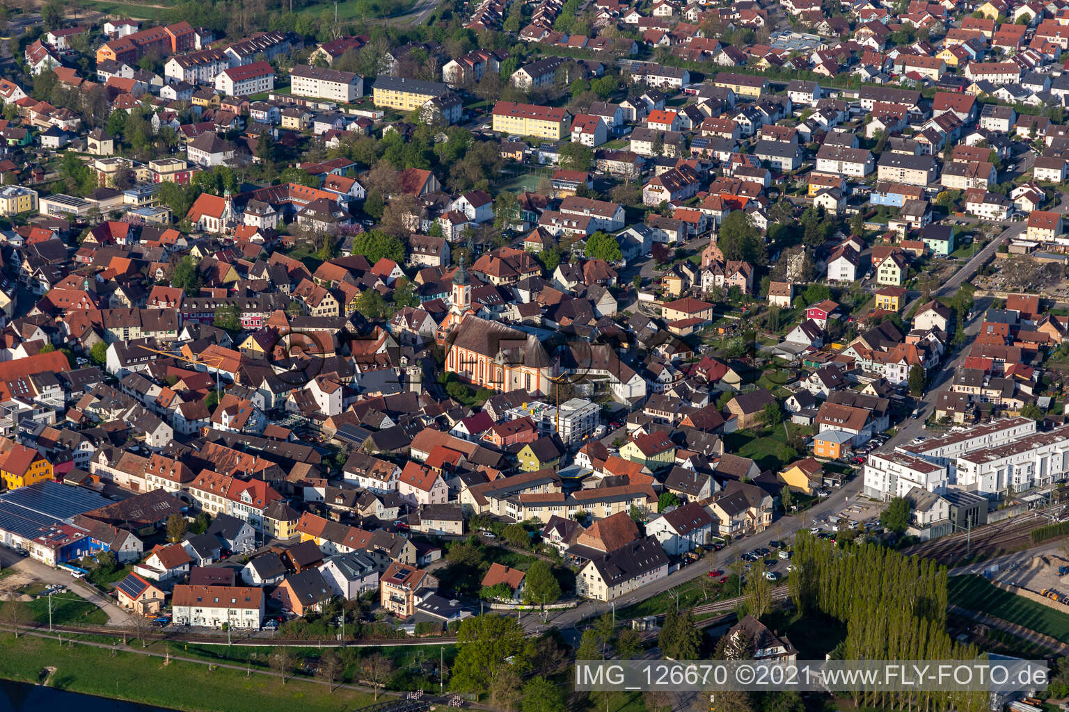 Aerial photograpy of Town View of the streets and houses of the residential areas in Riegel am Kaiserstuhl in the state Baden-Wurttemberg, Germany