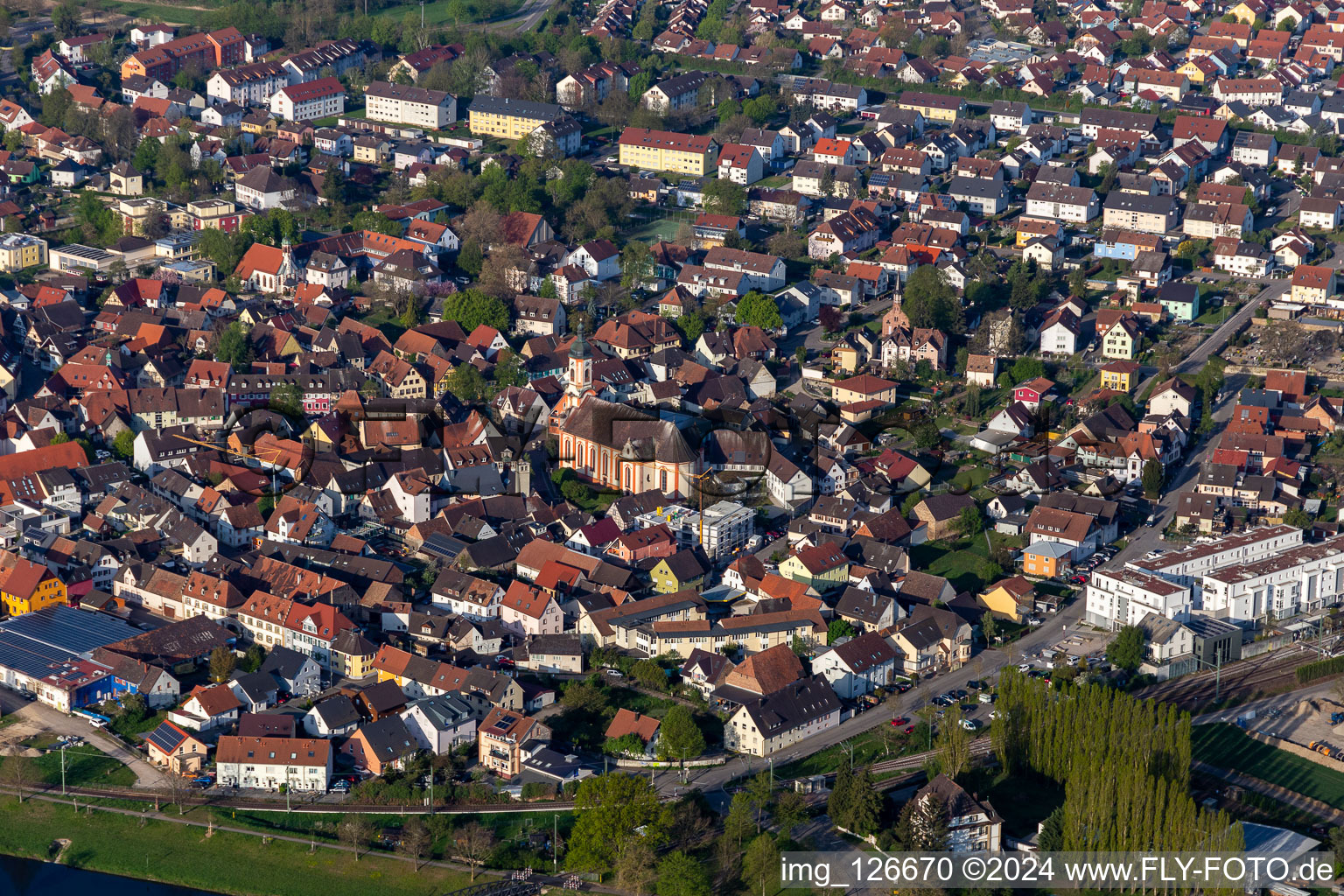 Aerial photograpy of Town View of the streets and houses of the residential areas in Riegel am Kaiserstuhl in the state Baden-Wurttemberg, Germany