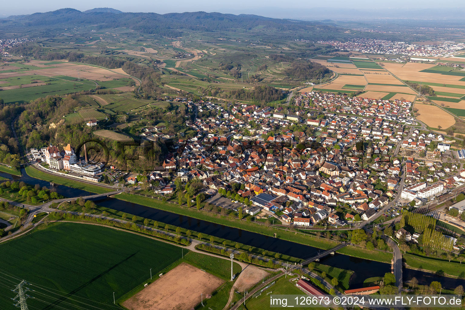 Town View of the streets and houses of the residential areas in Riegel am Kaiserstuhl in the state Baden-Wurttemberg, Germany from above