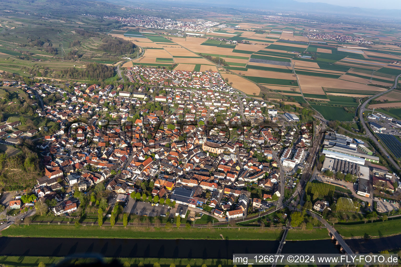 Aerial view of Riegel am Kaiserstuhl in the state Baden-Wuerttemberg, Germany