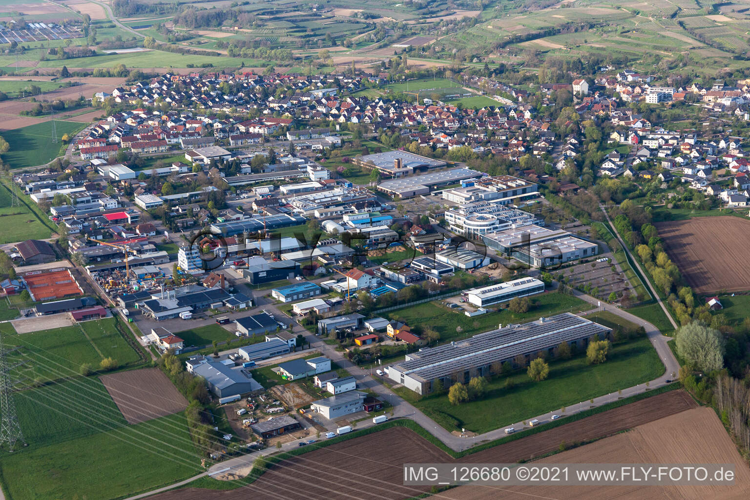 Oblique view of Bahlingen am Kaiserstuhl in the state Baden-Wuerttemberg, Germany