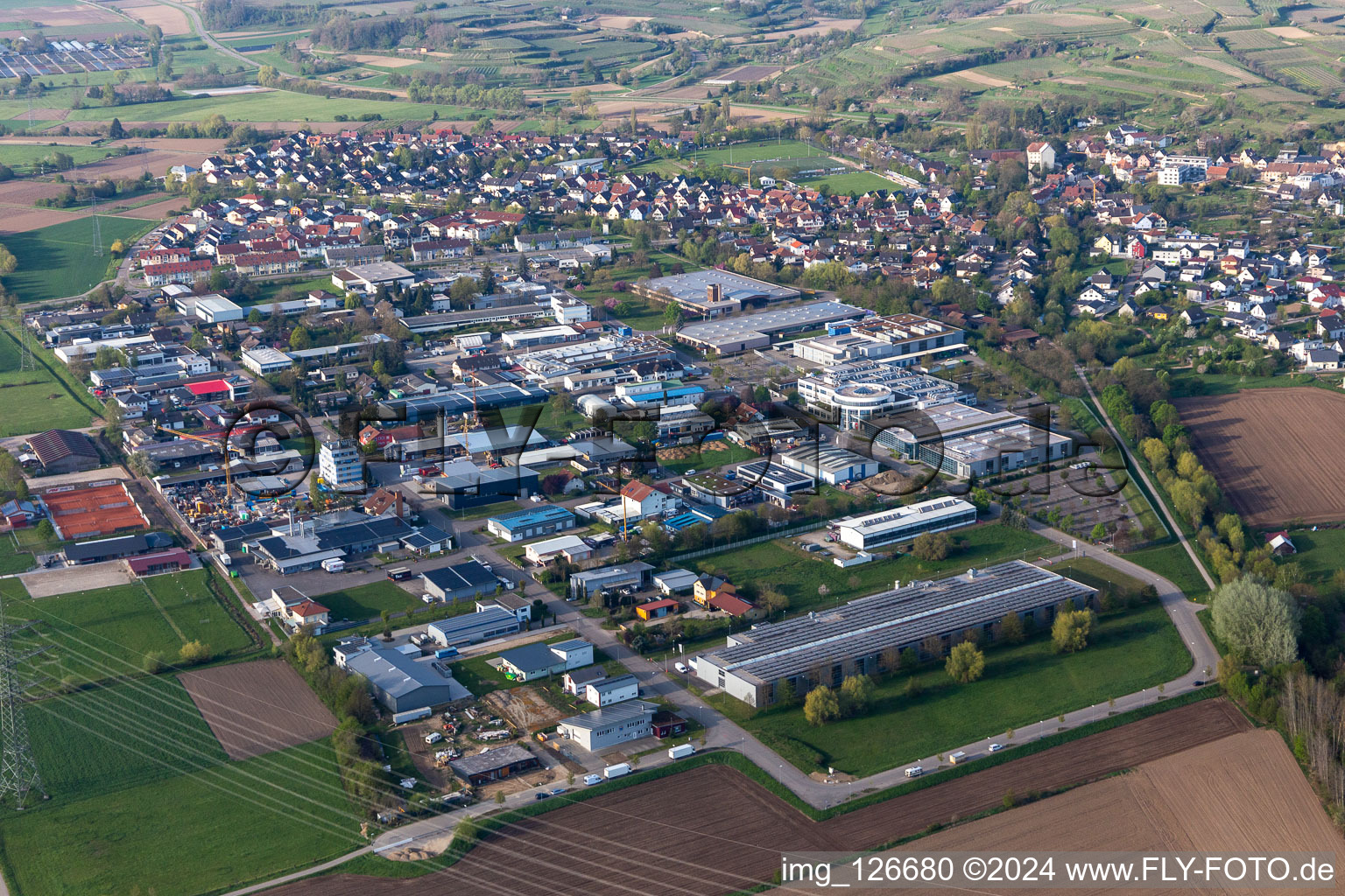 Oblique view of Bahlingen am Kaiserstuhl in the state Baden-Wuerttemberg, Germany