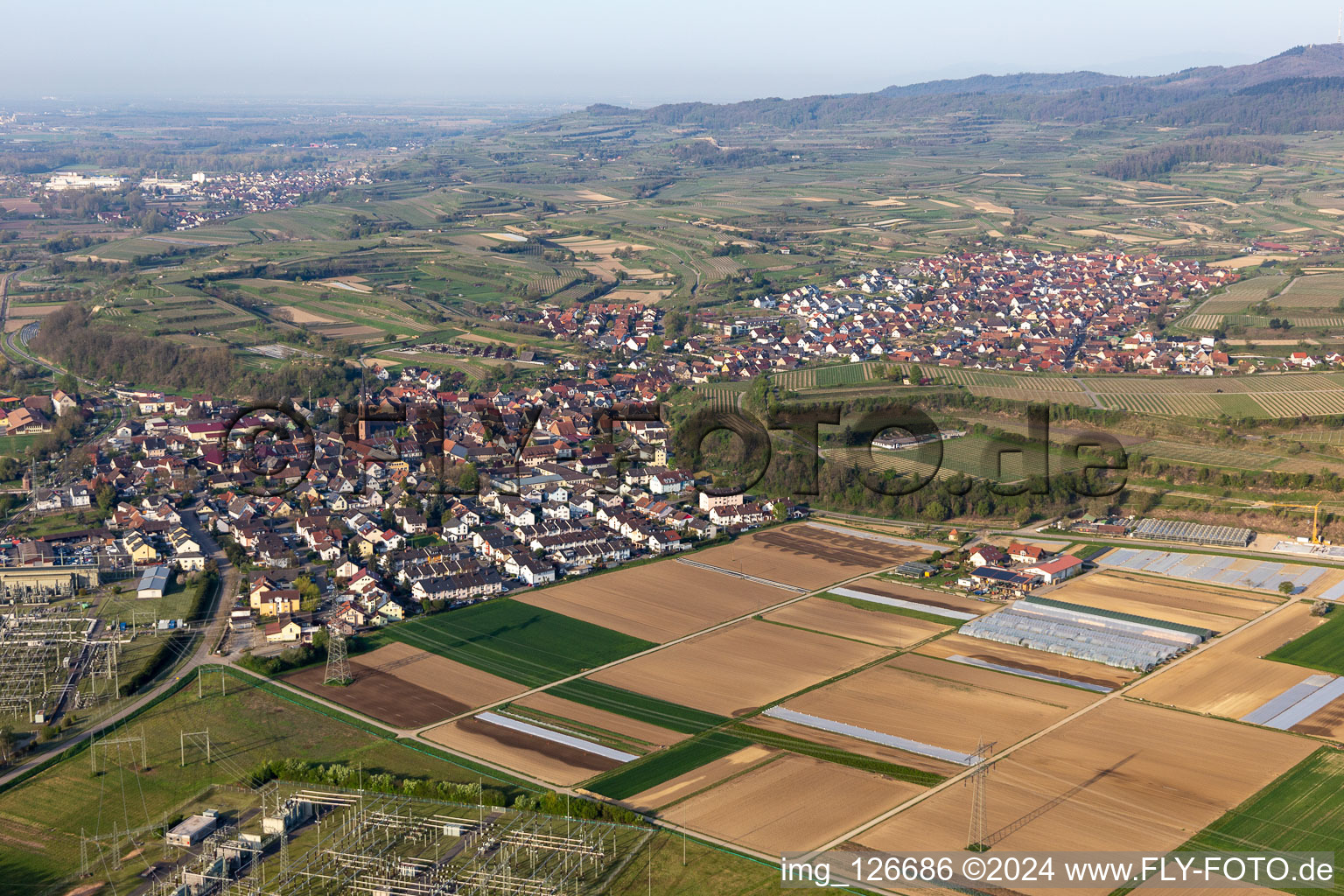 Aerial view of Eichstetten am Kaiserstuhl in the state Baden-Wuerttemberg, Germany