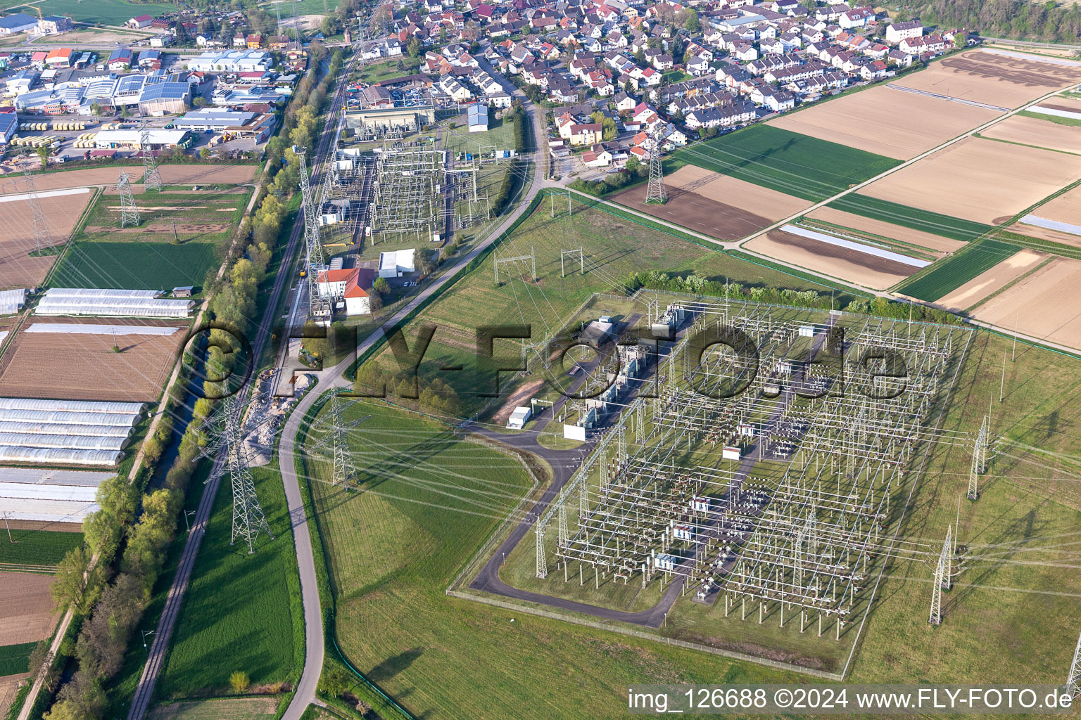 Site of the substation for voltage conversion and electrical power supply of ENBW in Eichstetten am Kaiserstuhl in the state Baden-Wuerttemberg