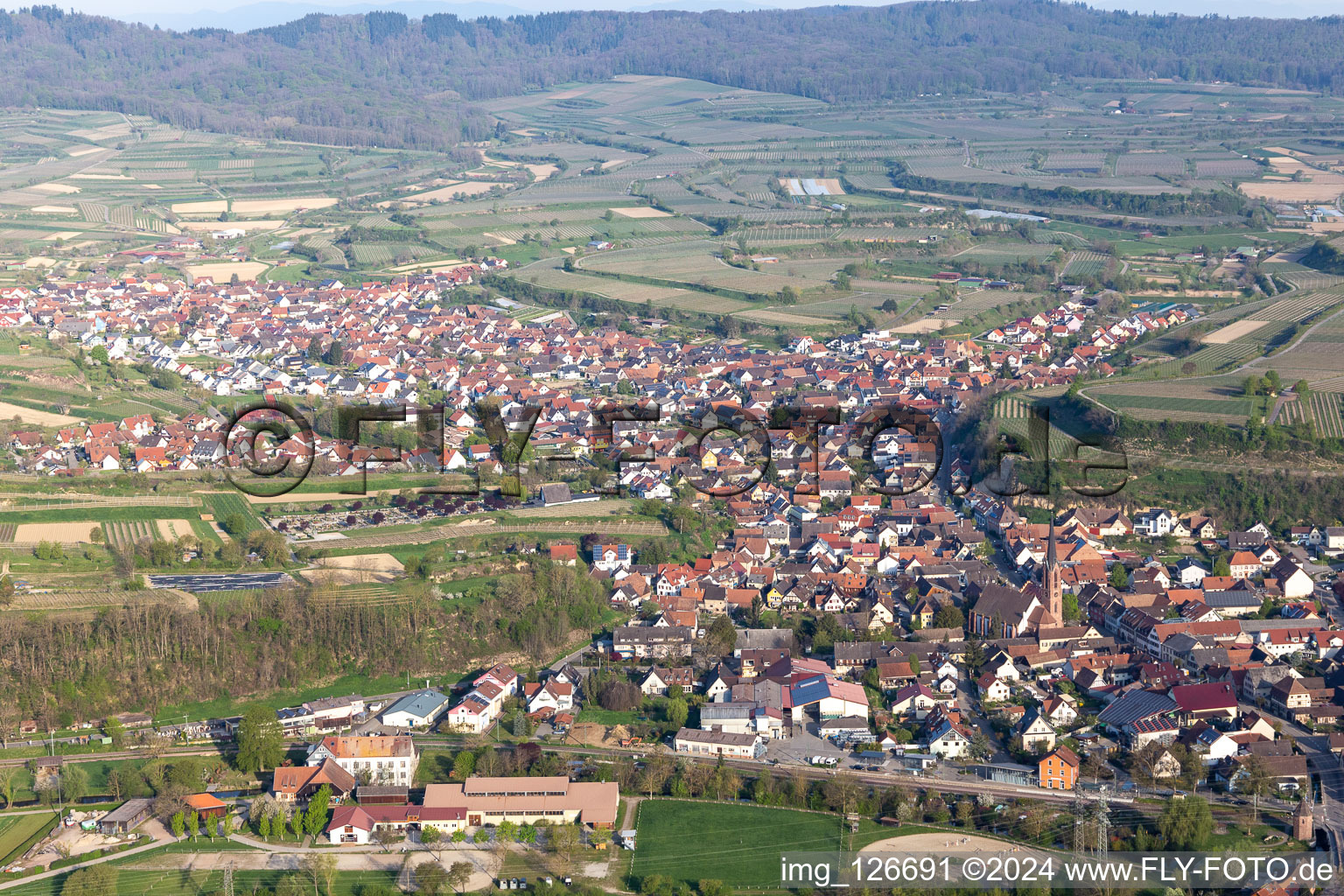 Town View of the streets and houses of the residential areas in Eichstetten am Kaiserstuhl in the state Baden-Wuerttemberg, Germany