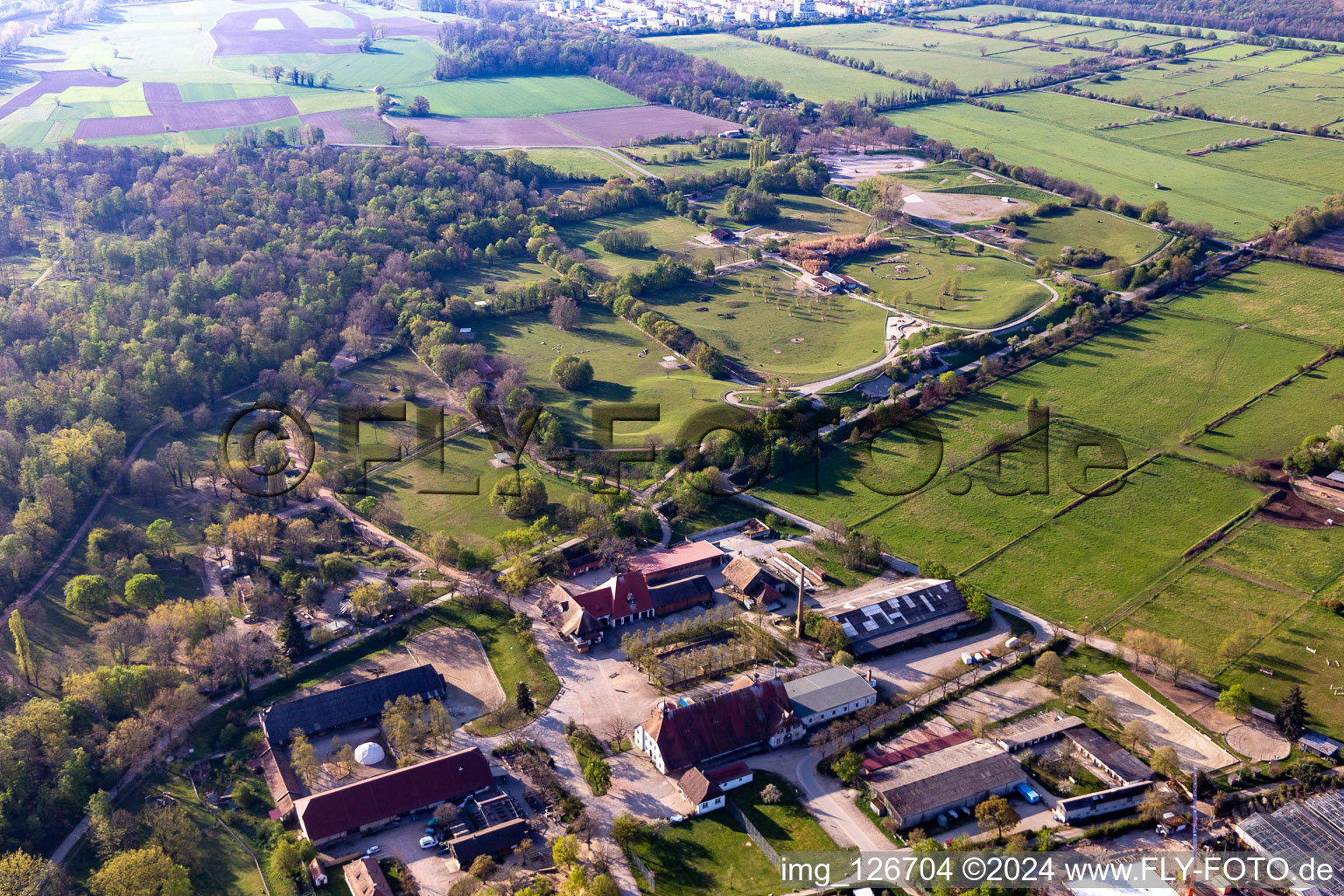 Aerial view of Zoo grounds Freigehege and Stadtgaertnerei in Freiburg im Breisgau in the state Baden-Wurttemberg, Germany