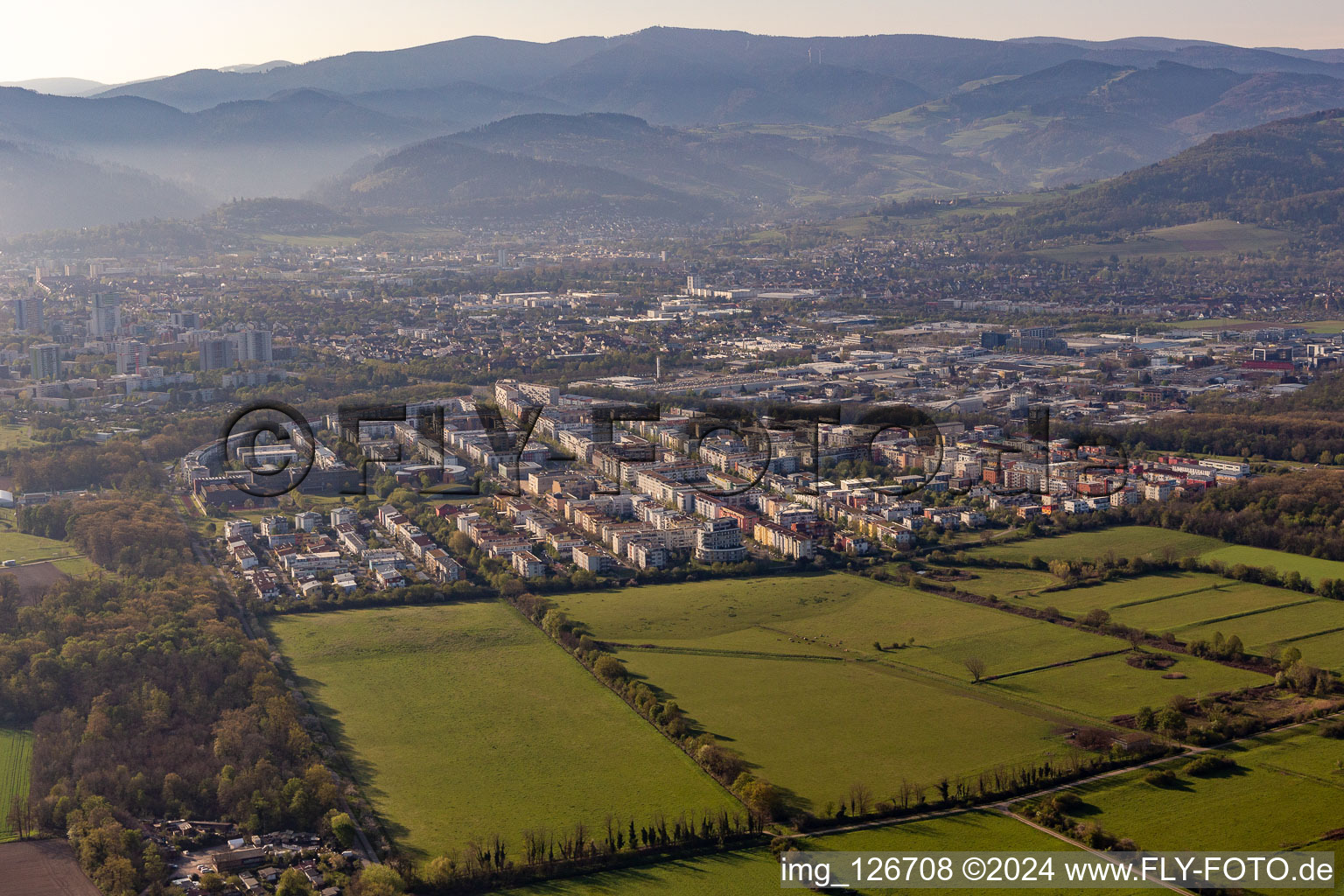 Aerial view of District Rieselfeld in Freiburg im Breisgau in the state Baden-Wuerttemberg, Germany