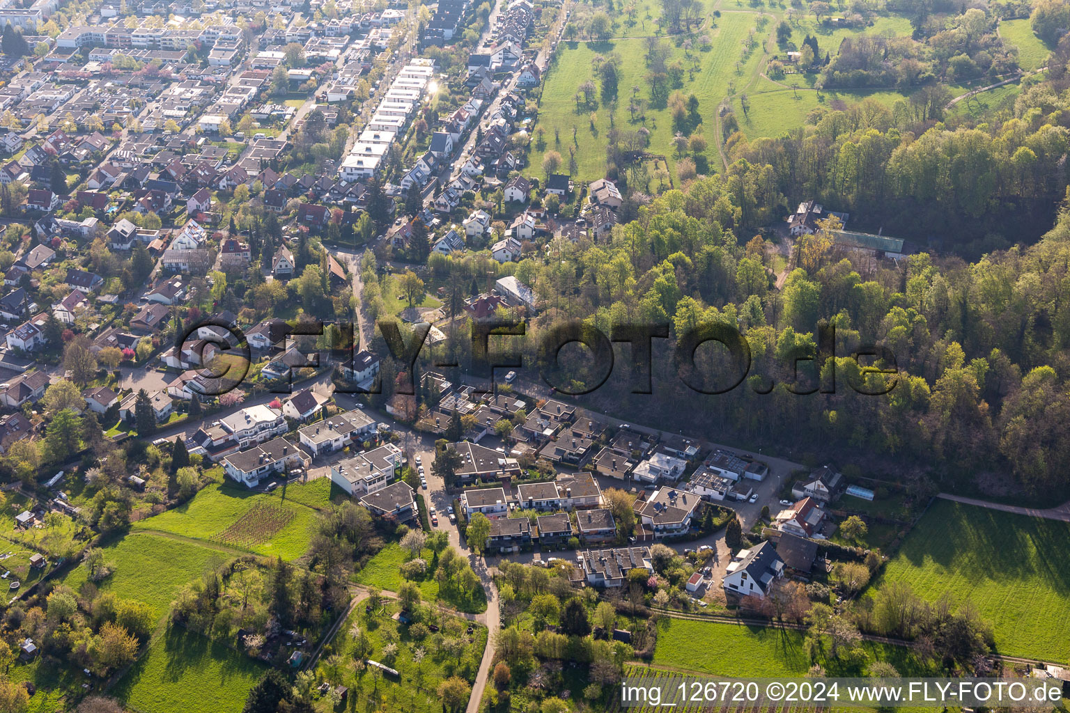 Aerial view of St. Georgen in the district Saint Georgen-Süd in Freiburg im Breisgau in the state Baden-Wuerttemberg, Germany