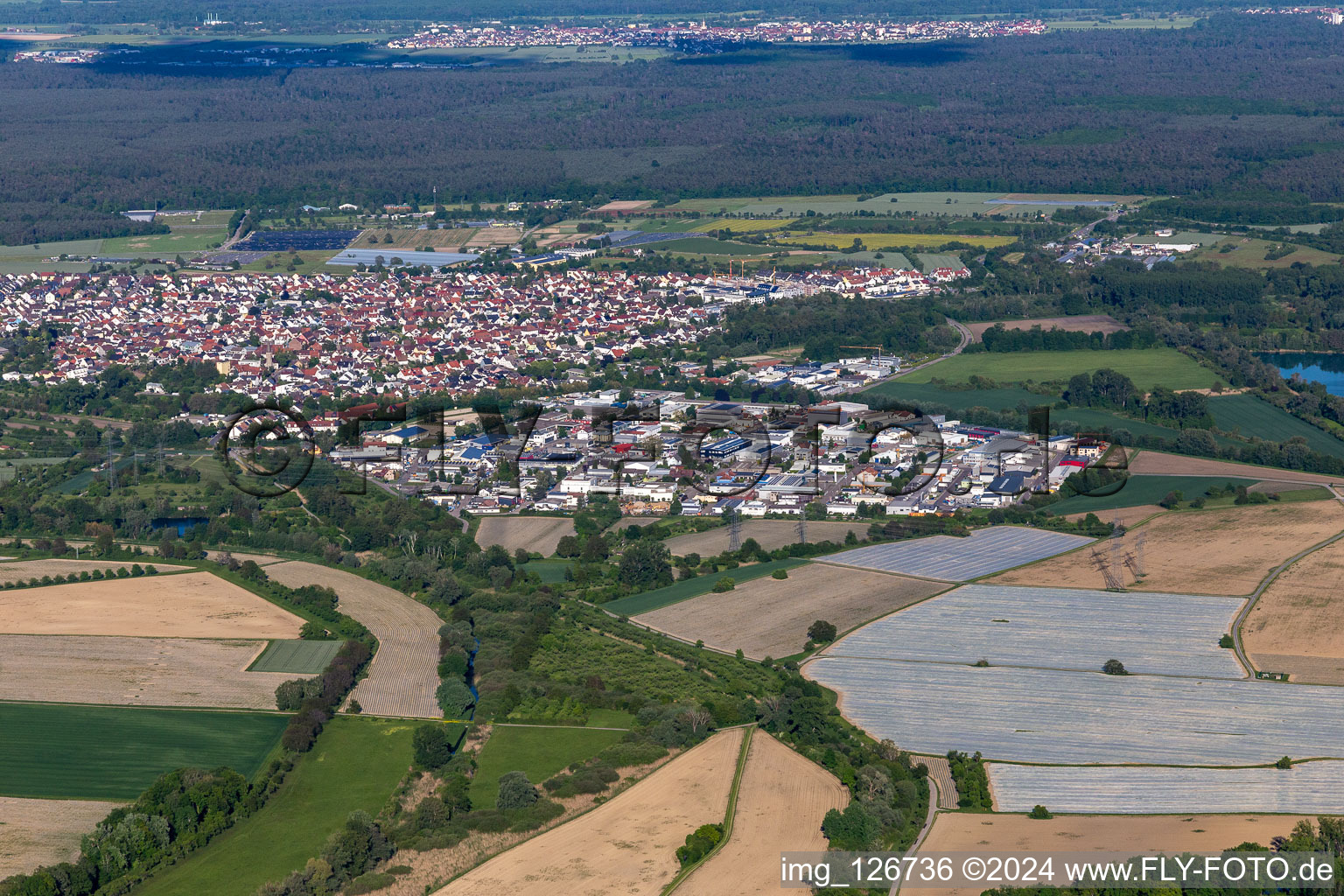 District Eggenstein in Eggenstein-Leopoldshafen in the state Baden-Wuerttemberg, Germany seen from a drone