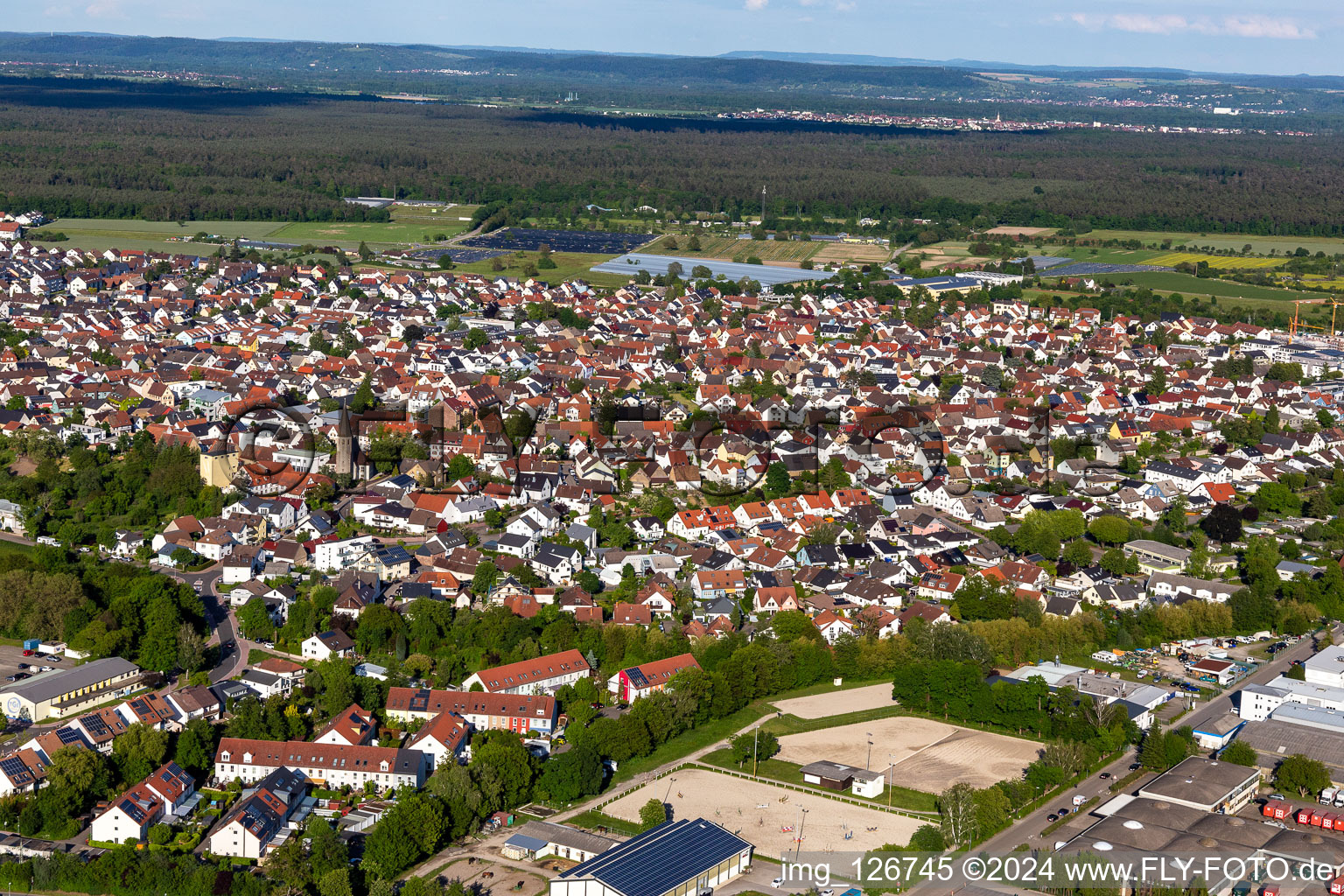 Town View of the streets and houses of the residential areas in Eggenstein in the state Baden-Wuerttemberg, Germany