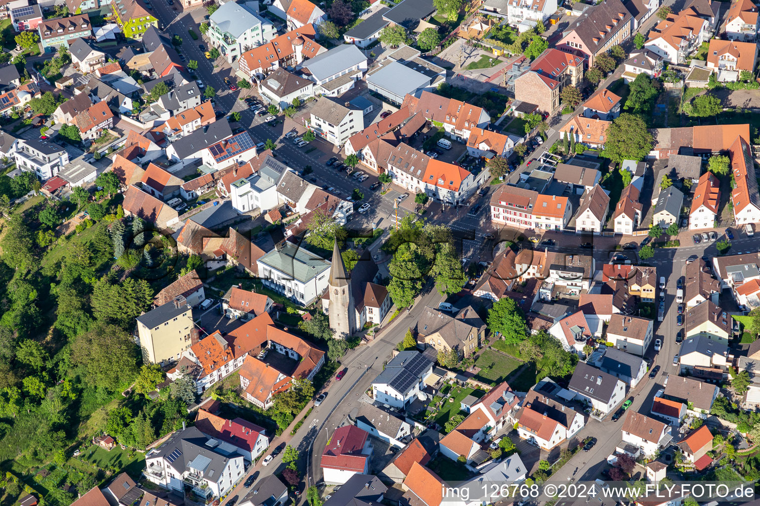 Town View of the streets and houses of the residential areas in Eggenstein-Leopoldshafen in the state Baden-Wuerttemberg, Germany