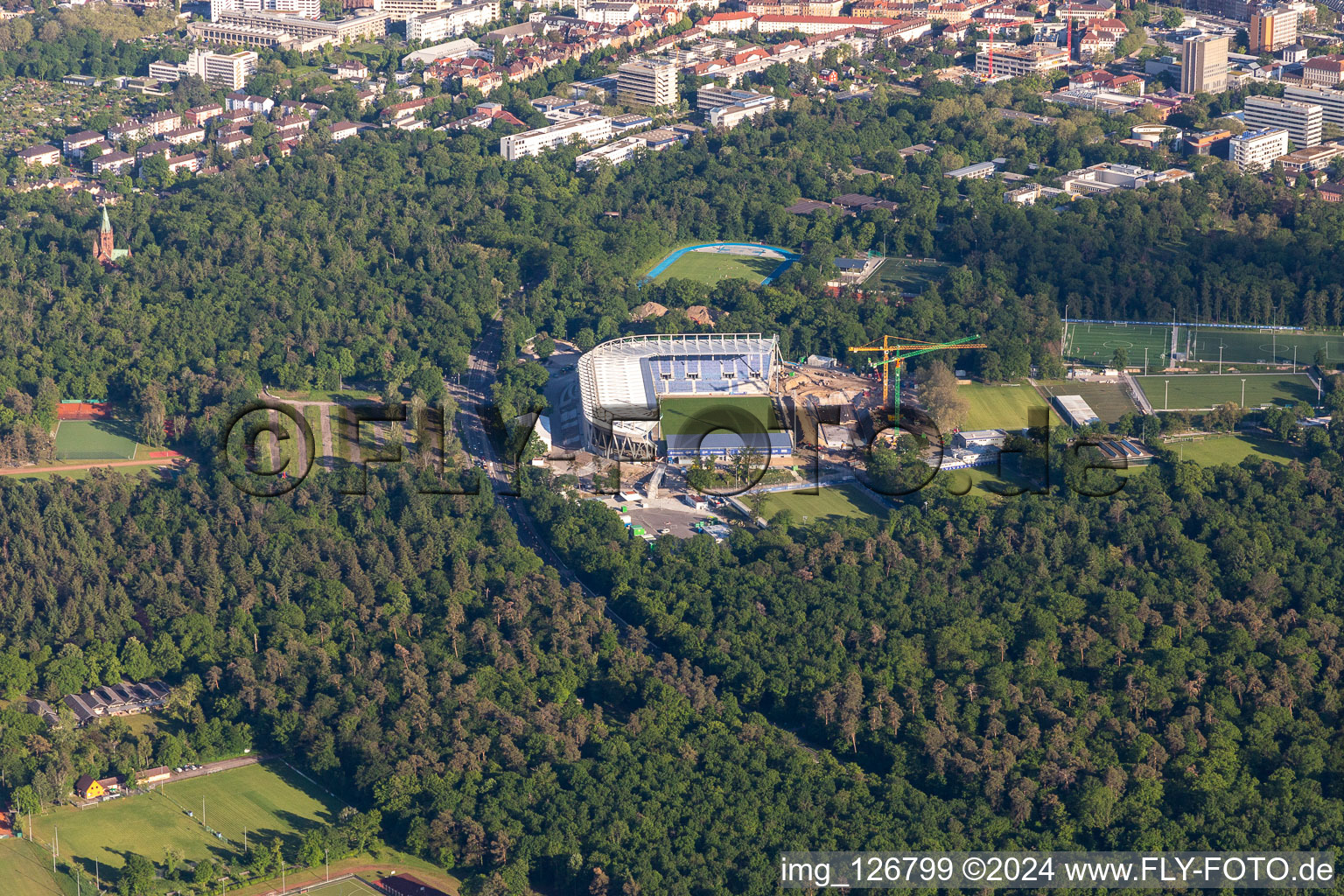 Extension and conversion site on the sports ground of the stadium " Wildparkstadion " in Karlsruhe in the state Baden-Wurttemberg, Germany viewn from the air