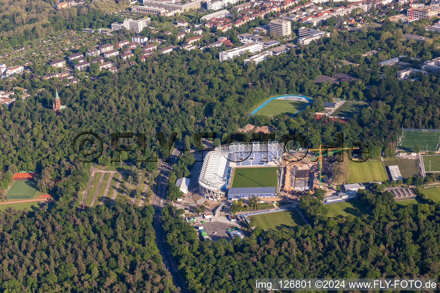 Drone recording of Extension and conversion site on the sports ground of the stadium " Wildparkstadion " in Karlsruhe in the state Baden-Wurttemberg, Germany