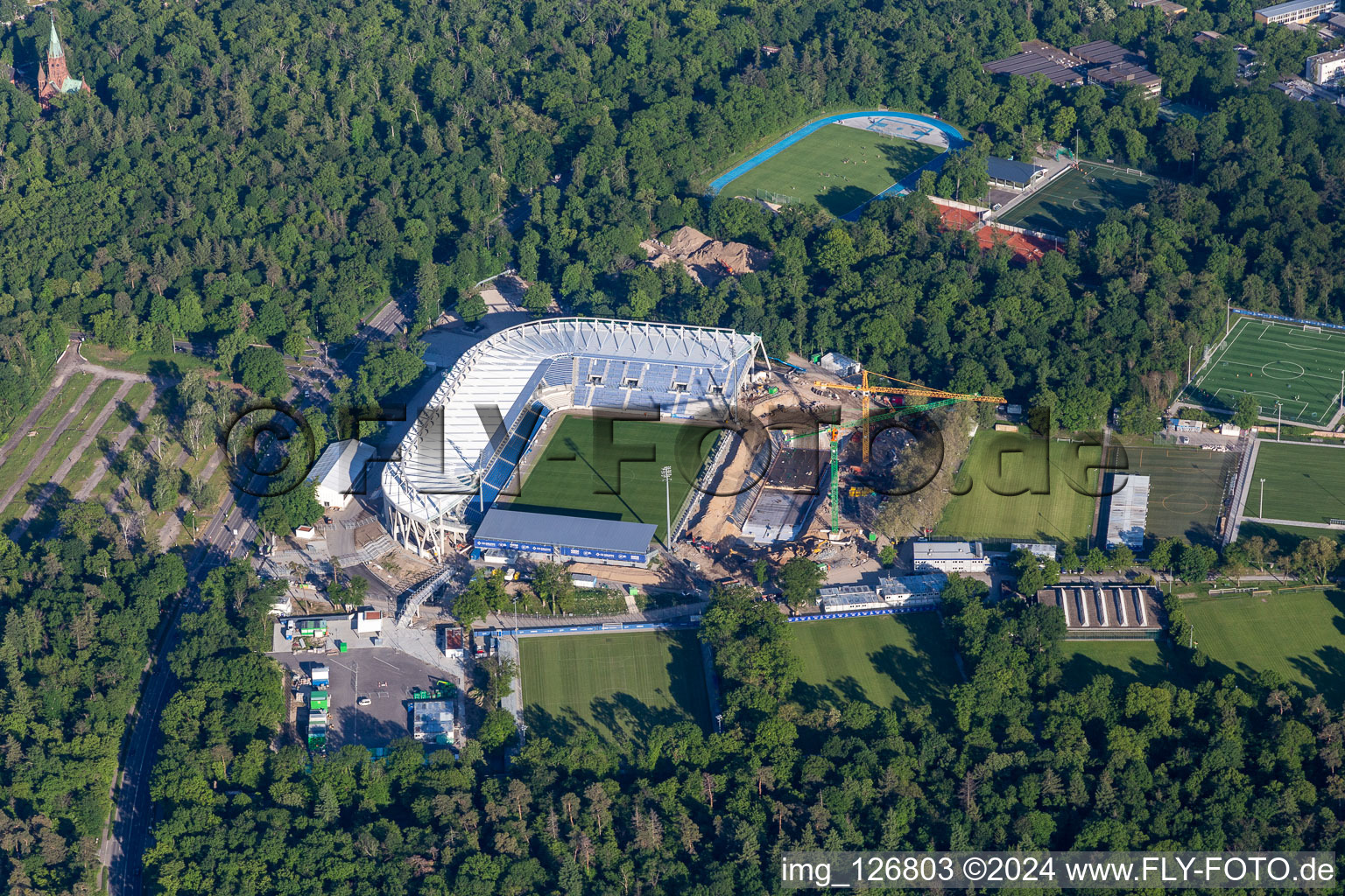 Drone image of Extension and conversion site on the sports ground of the stadium " Wildparkstadion " in Karlsruhe in the state Baden-Wurttemberg, Germany